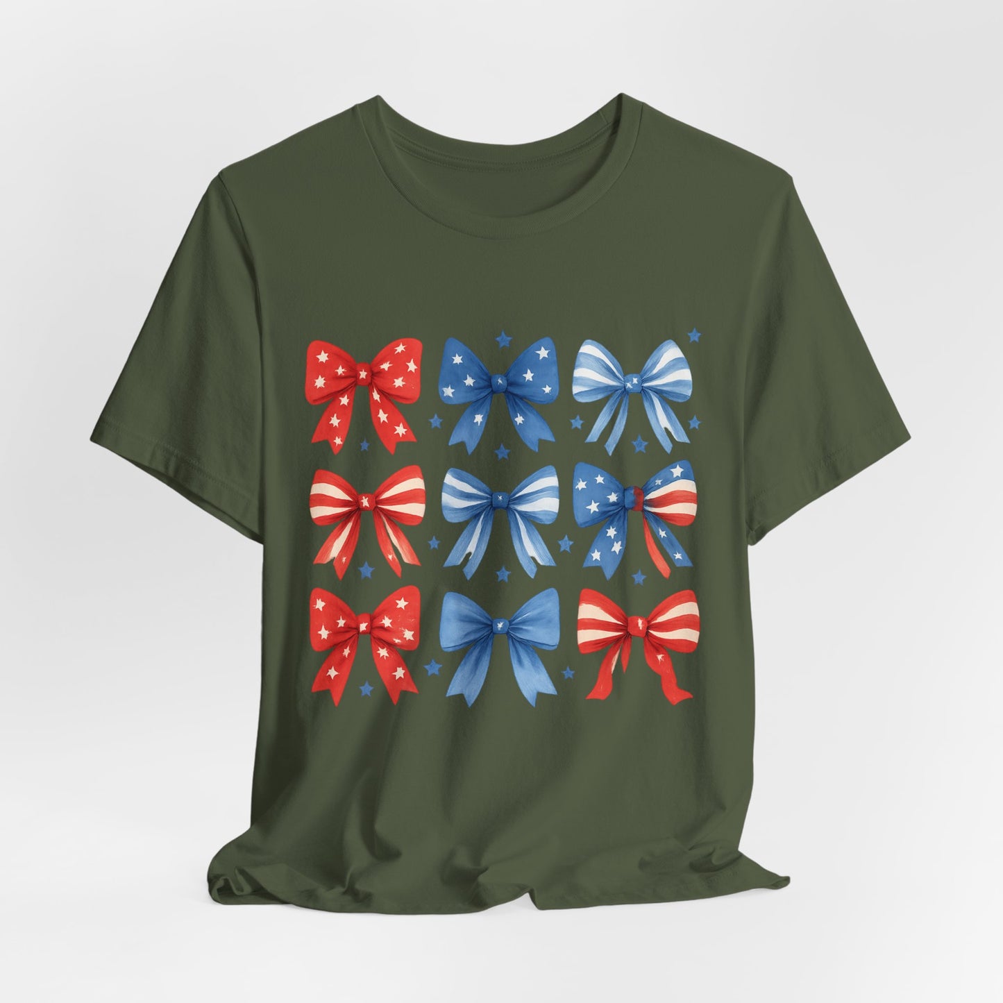 Patriotic Red & Blue Bows Tee — 4th of July Graphic T-Shirt