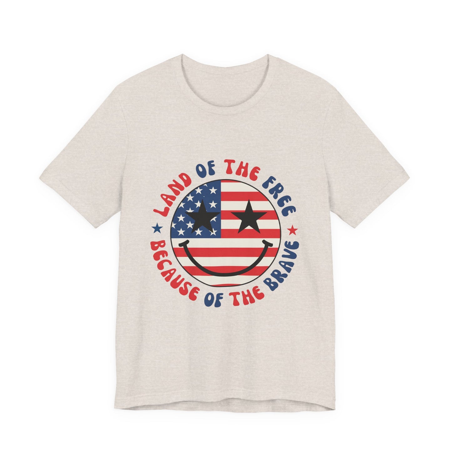 Patriotic Smiley Tee - "Land of the Free Because of the Brave" American Flag Shirt