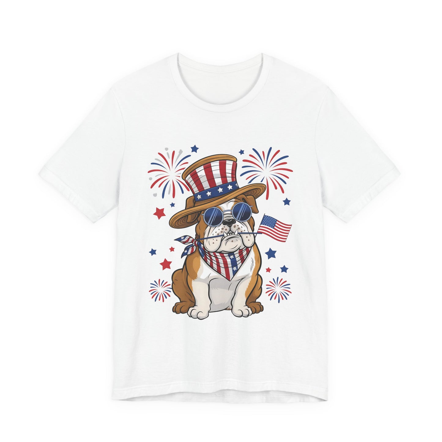 Patriotic Bulldog T-Shirt — American Flag Pup with Uncle Sam Hat & Fireworks (4th of July Tee)