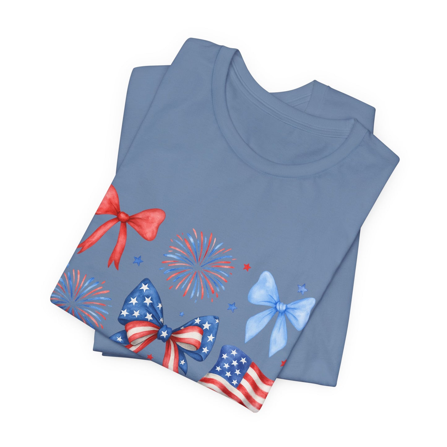 Patriotic Bows & Flags Tee — 4th of July Fireworks Graphic T-Shirt