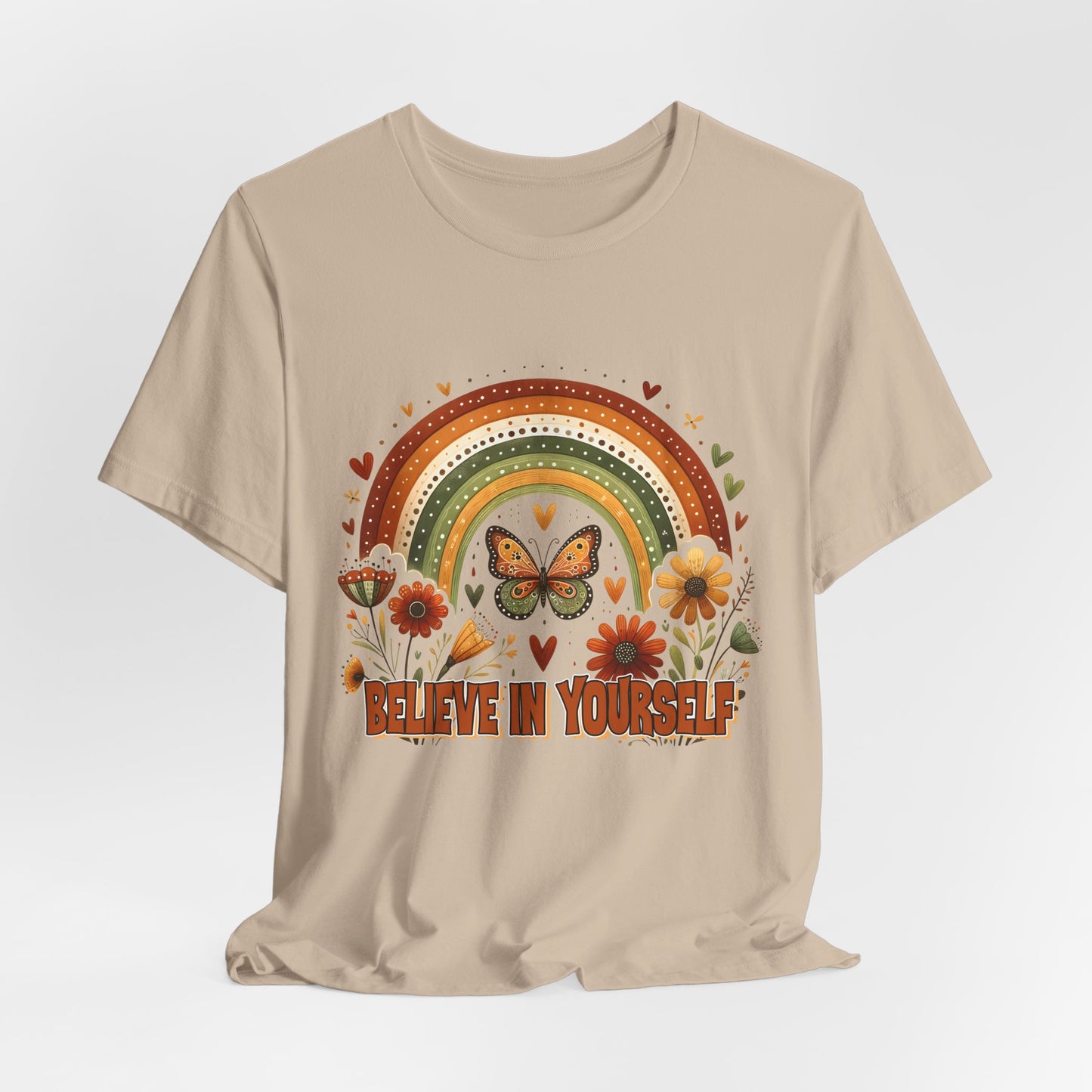 Believe In Yourself Butterfly Tee — Retro Rainbow Floral Inspirational T‑Shirt