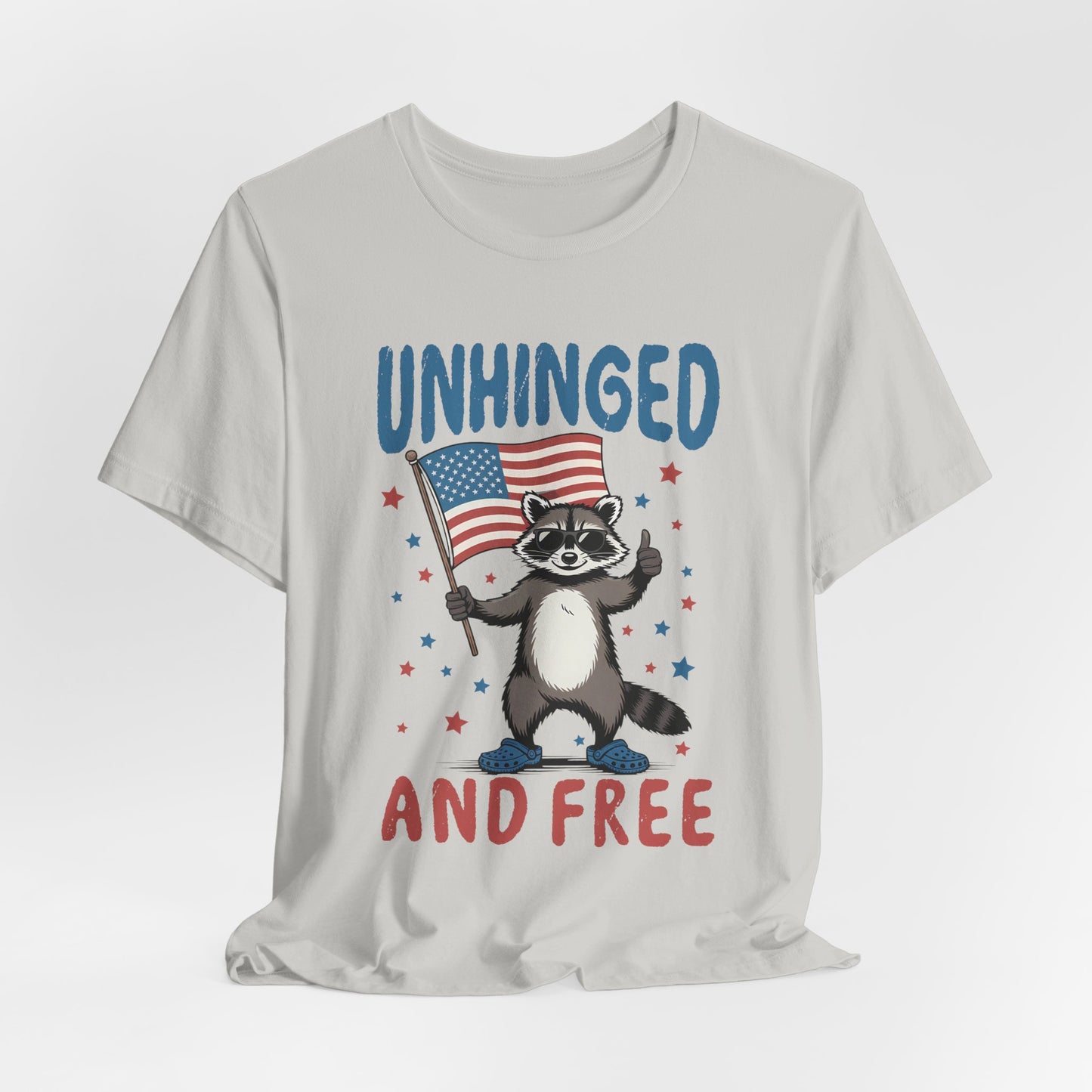 T‑Shirt — "Unhinged and Free" Raccoon American Flag Graphic Tee
