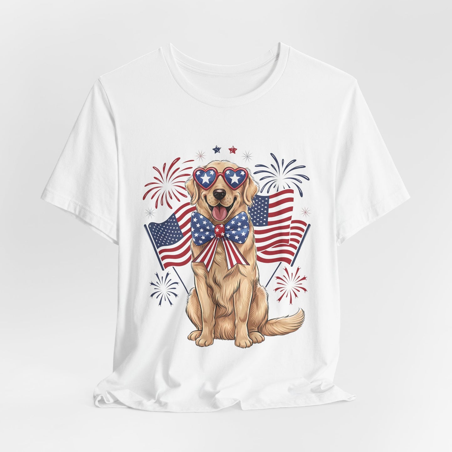 Patriotic Golden Retriever T‑Shirt — USA Flag Dog with Fireworks