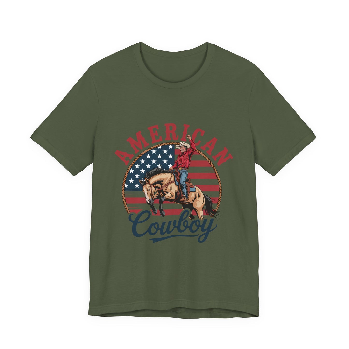 American Cowboy T-Shirt – patriotic rodeo tee with flag and rider