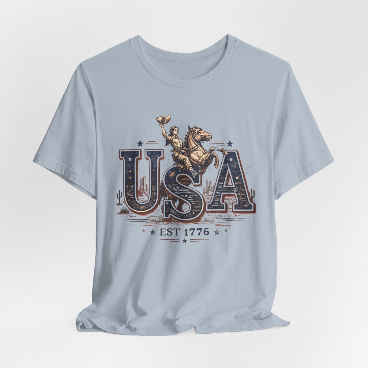 USA Western Rodeo T-Shirt – 'USA EST 1776' Patriotic Cowboy Tee