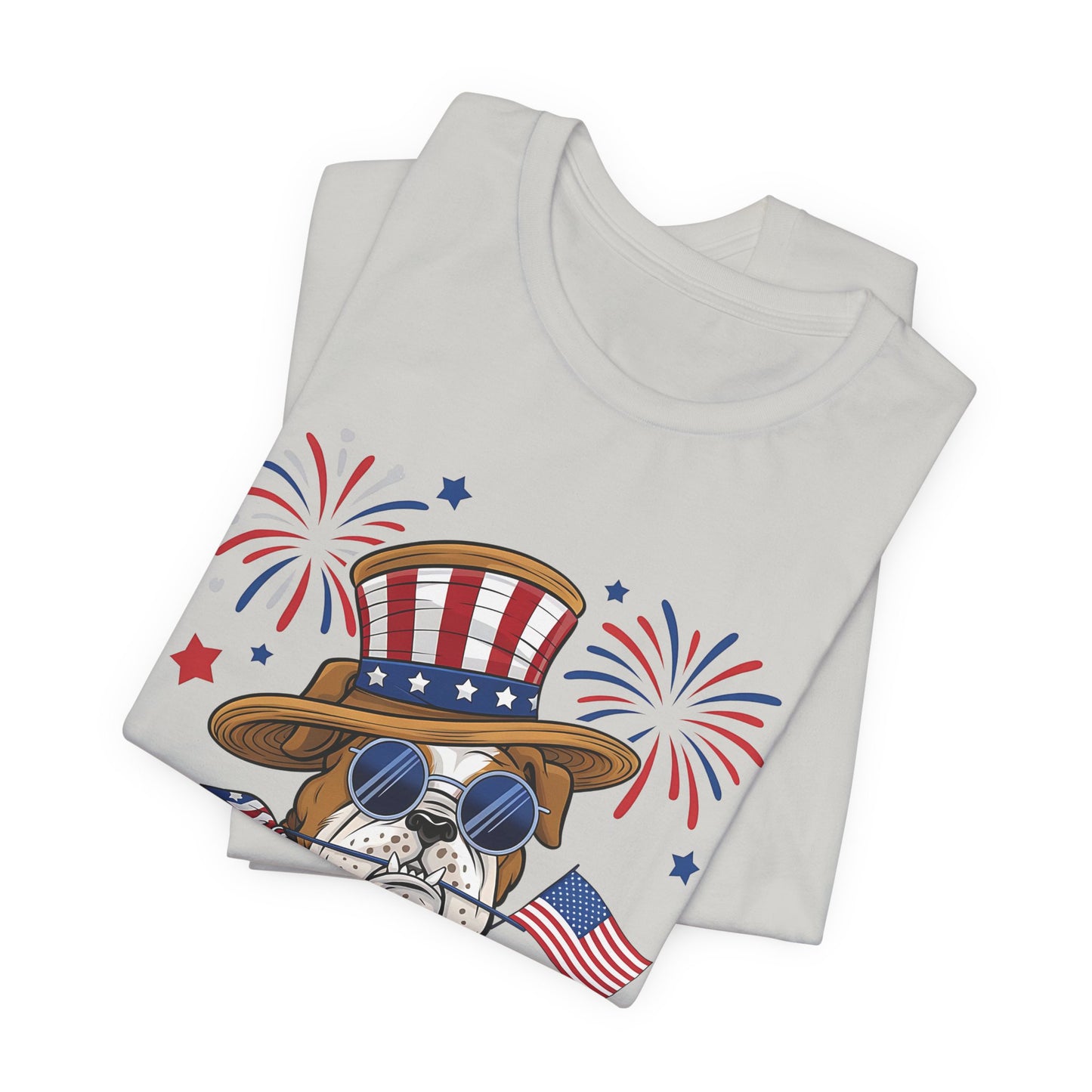Patriotic Bulldog T-Shirt — American Flag Pup with Uncle Sam Hat & Fireworks (4th of July Tee)