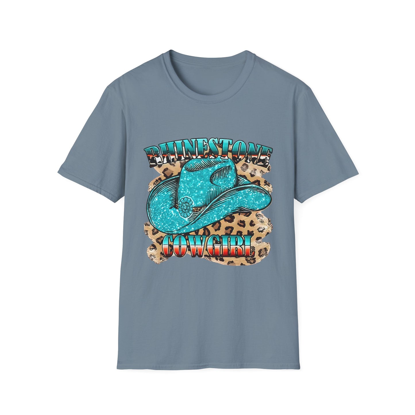 Rhinestone Cowgirl Tee – Turquoise Cowboy Hat on Leopard Print