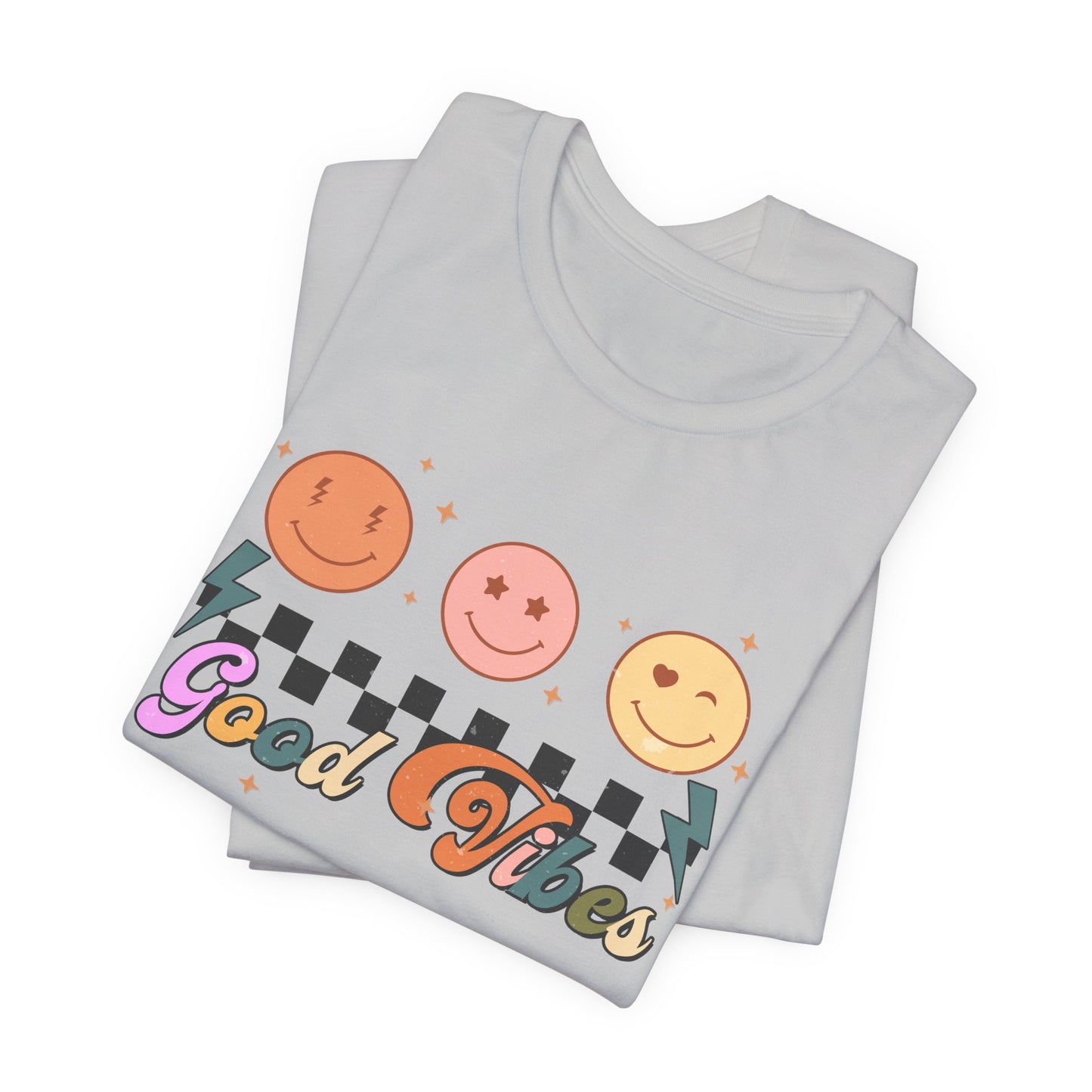 Good Vibes Smiley Tee — Retro Checkerboard Positive Graphic T-Shirt