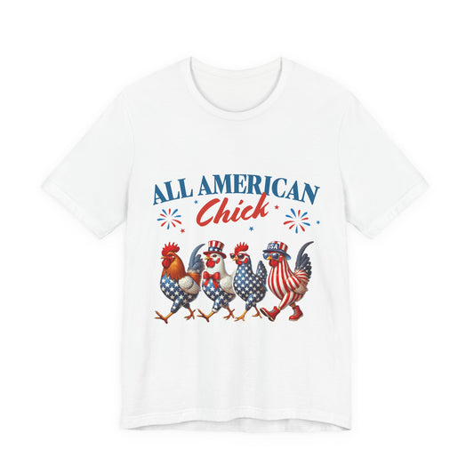 All American Chick T-Shirt — Patriotic 4th of July Rooster Graphic Tee