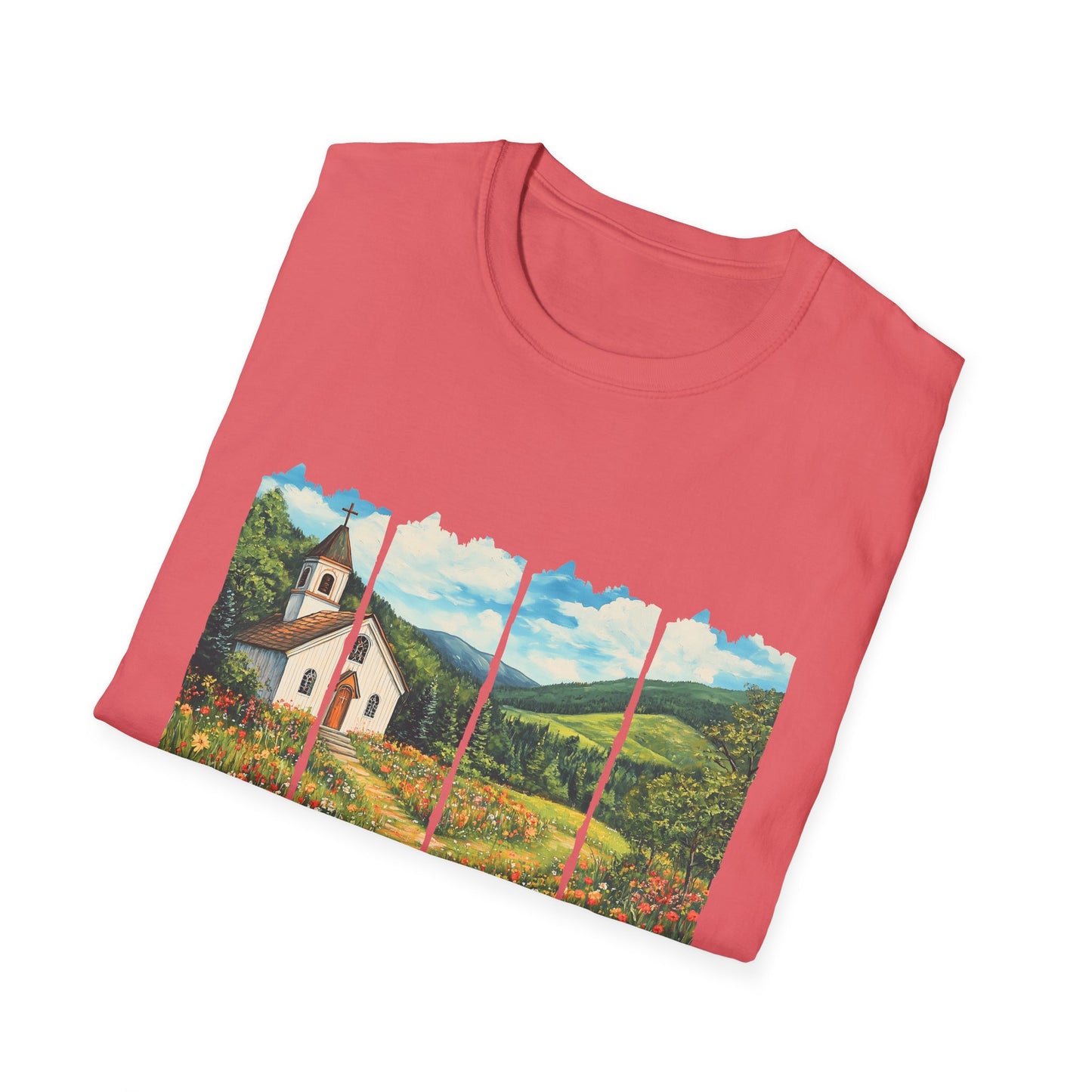 Scenic Chapel Landscape T-Shirt — Countryside Floral Mountain Art Tee