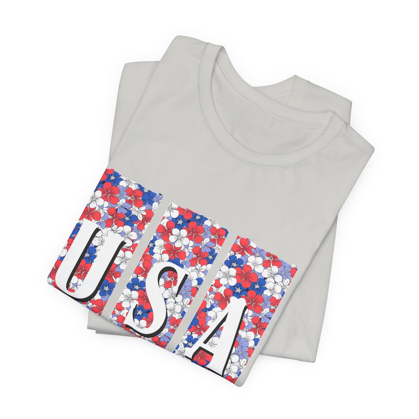 USA Floral Flag T-Shirt — Patriotic Red White Blue Tee (4th of July)