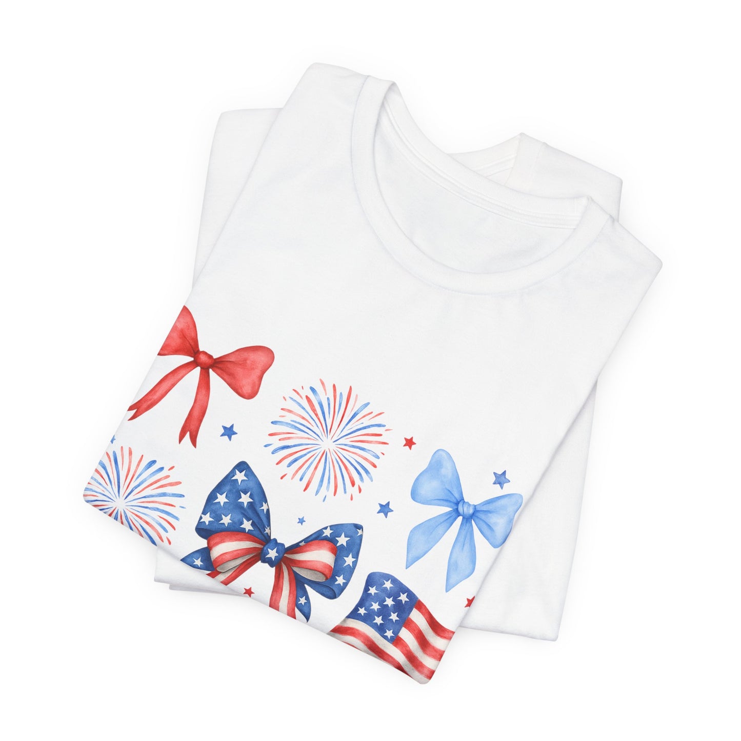 Patriotic Bows & Flags Tee — 4th of July Fireworks Graphic T-Shirt