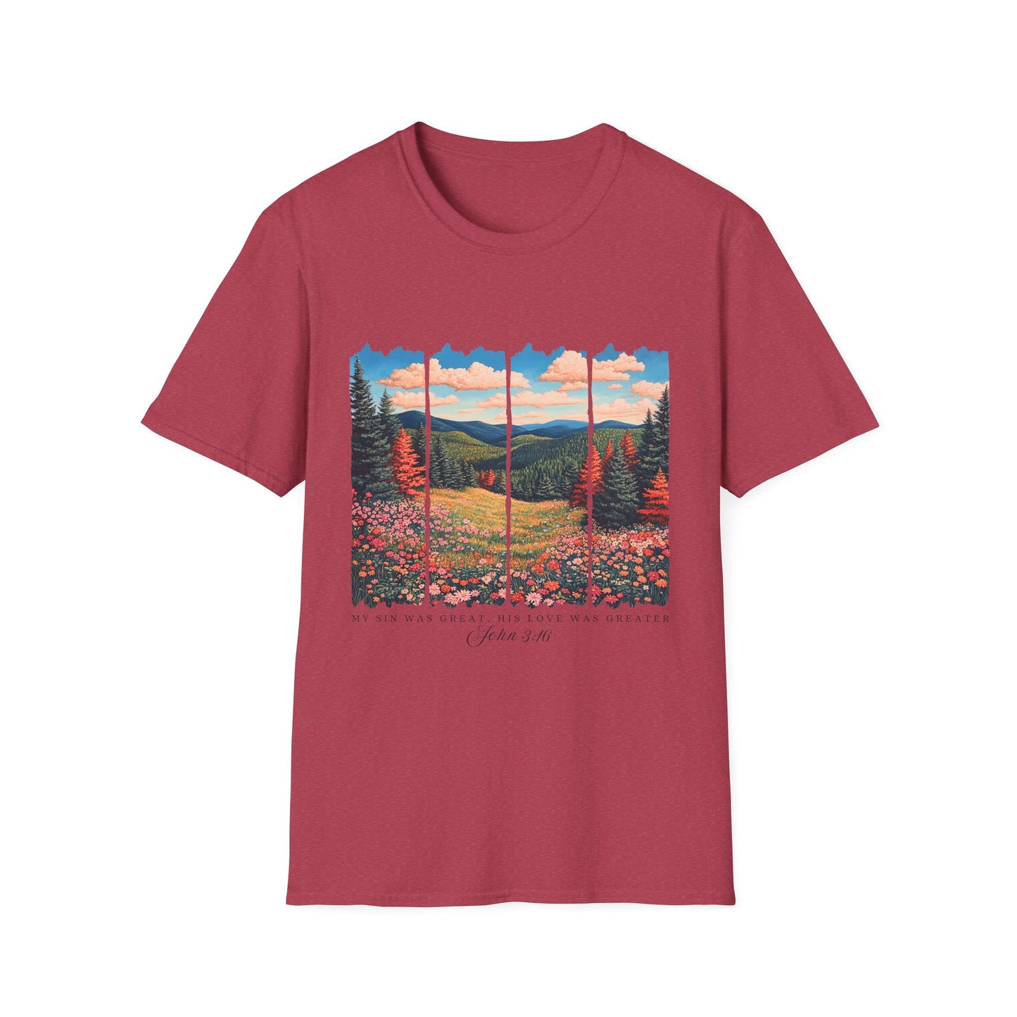 Scenic Meadow Sunrise T-Shirt — Vintage Window Pane Mountain Landscape Tee