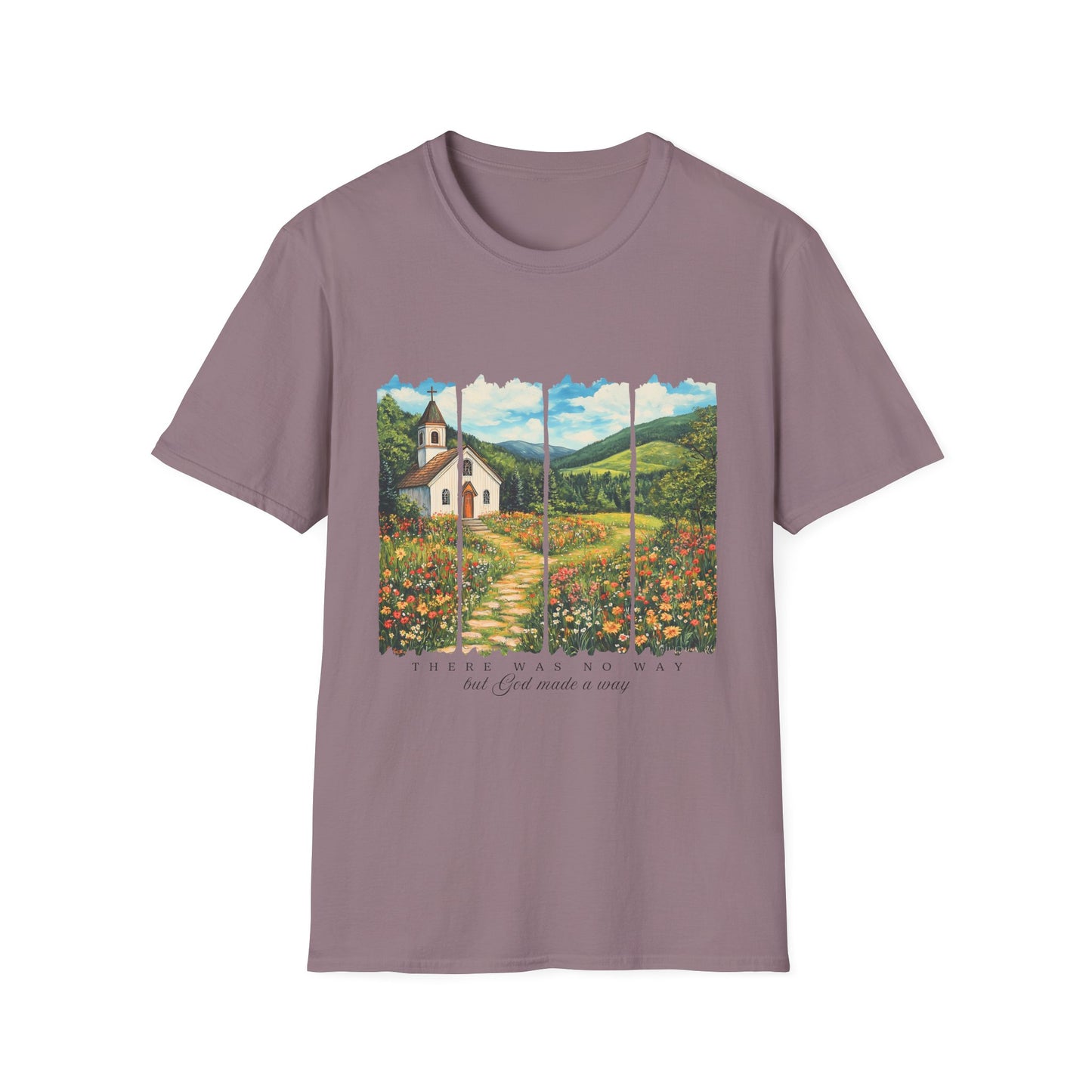 Scenic Chapel Landscape T-Shirt — Countryside Floral Mountain Art Tee