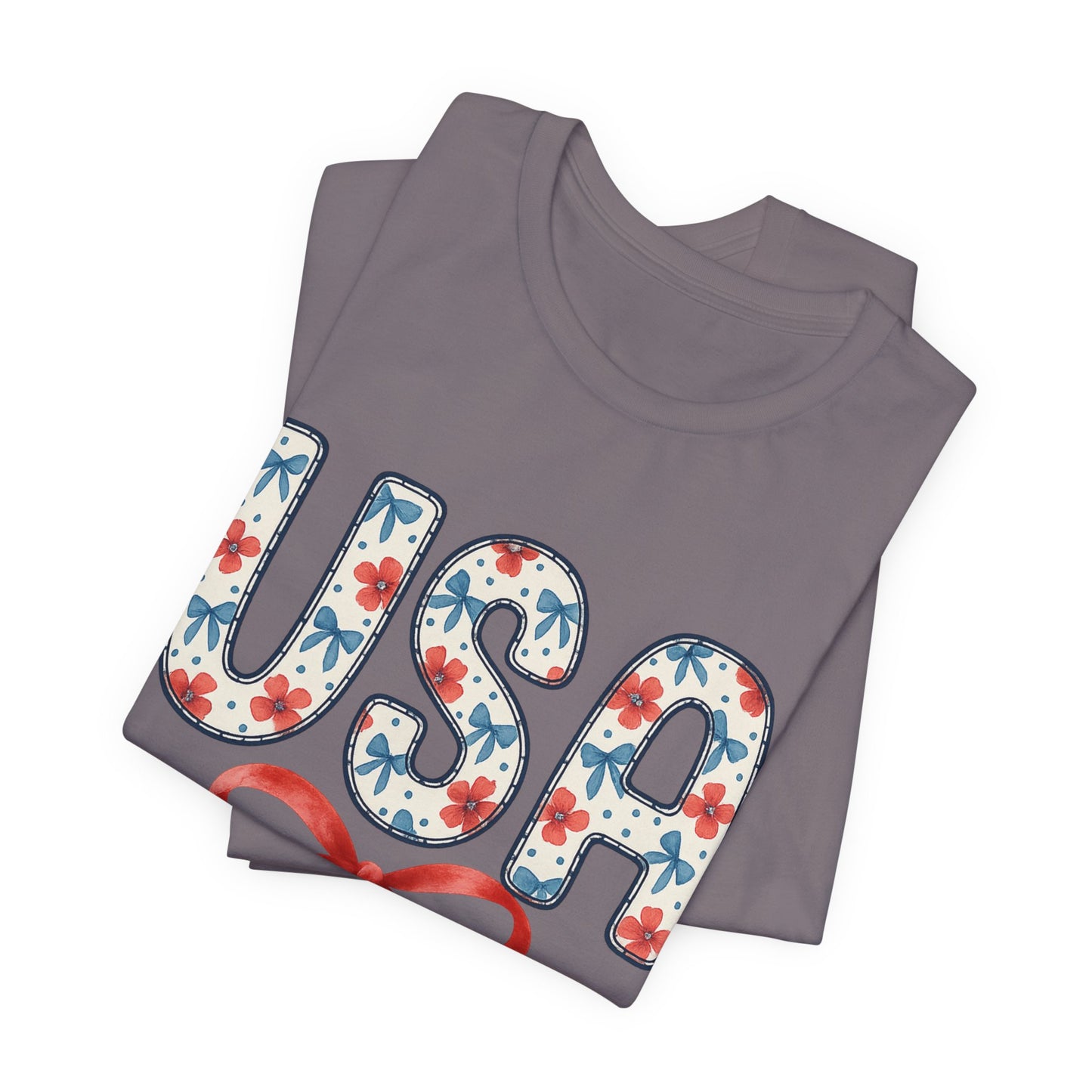 USA Floral Graphic Tee with Ribbon – 4th of July Patriotic Shirt
