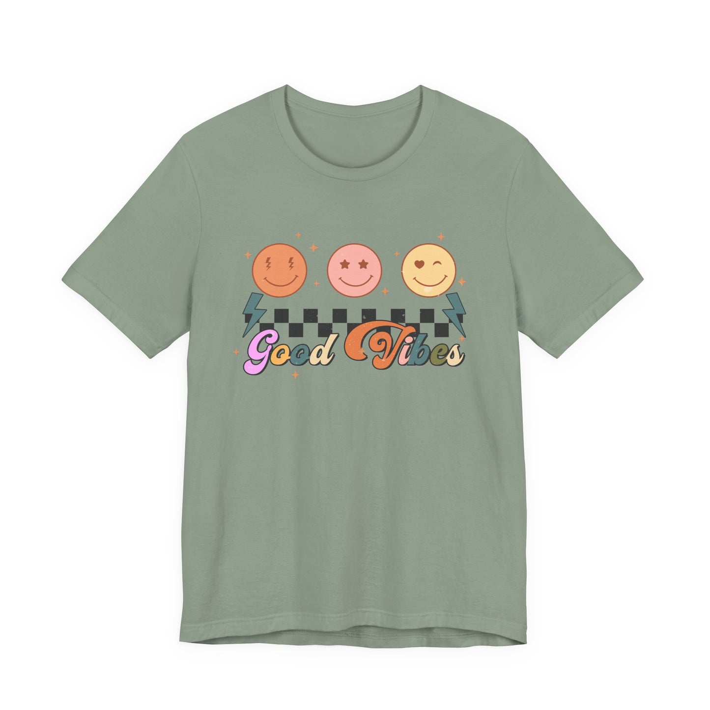 Good Vibes Smiley Tee — Retro Checkerboard Positive Graphic T-Shirt