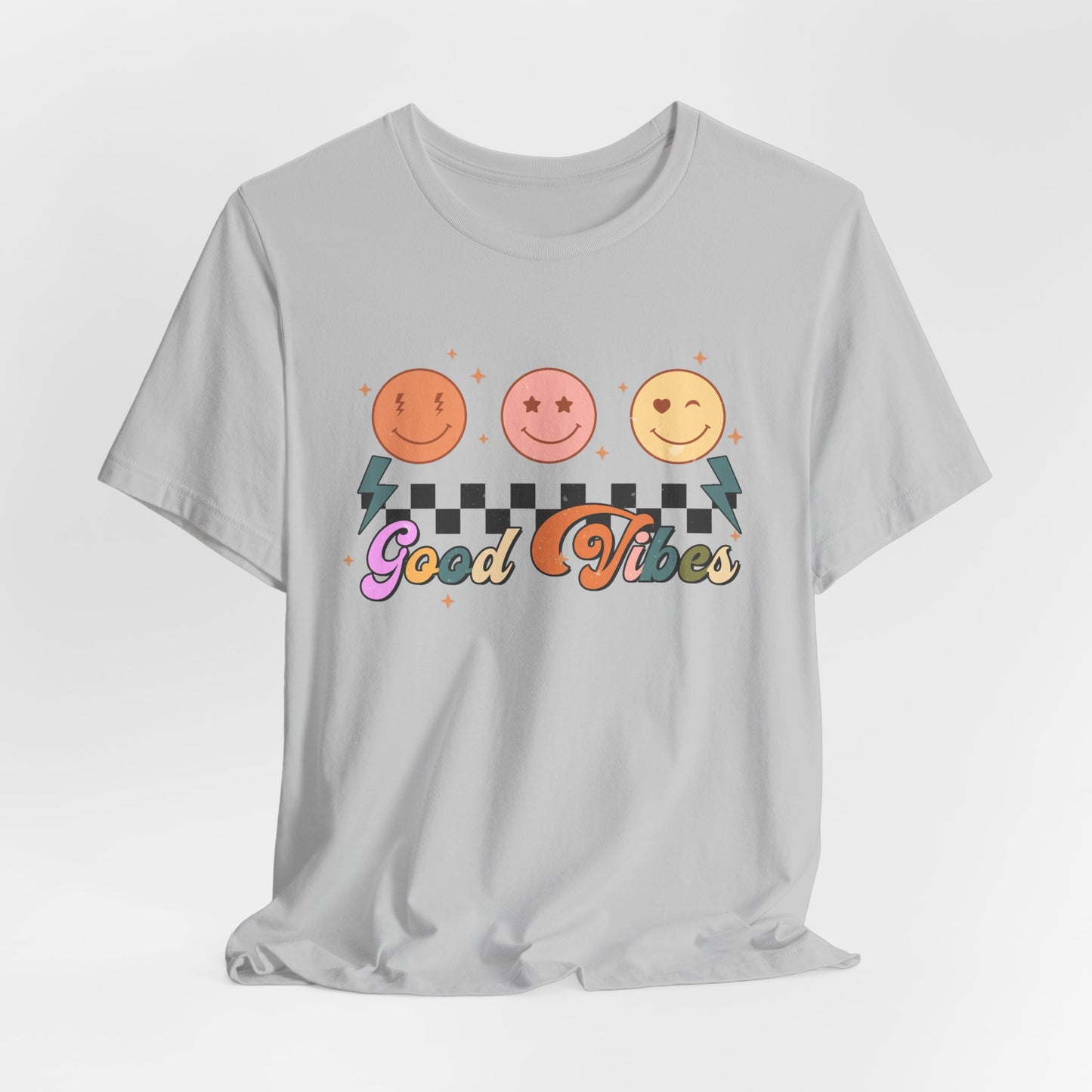 Good Vibes Smiley Tee — Retro Checkerboard Positive Graphic T-Shirt