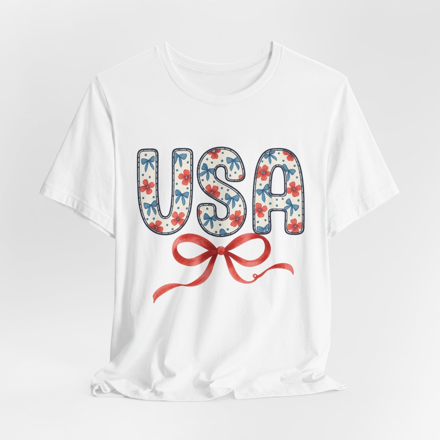 USA Floral Graphic Tee with Ribbon – 4th of July Patriotic Shirt
