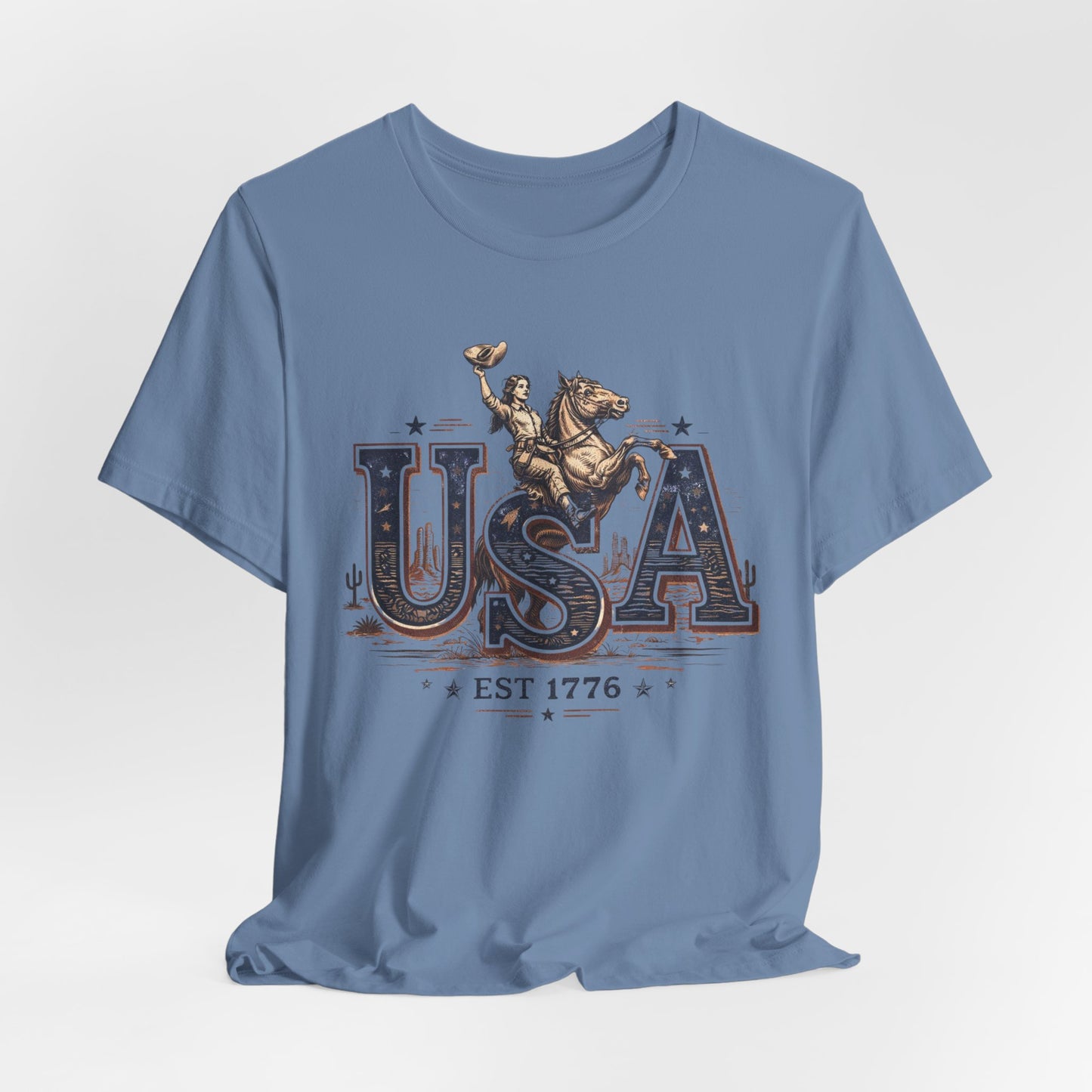 USA Western Rodeo T-Shirt – 'USA EST 1776' Patriotic Cowboy Tee