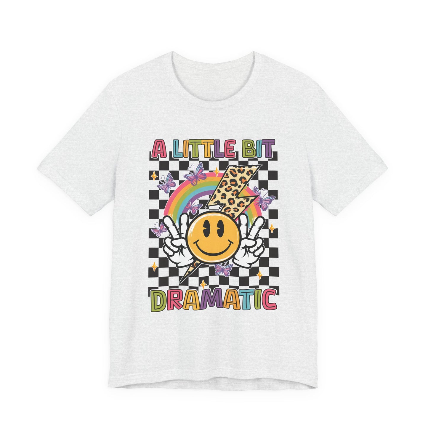 A Little Bit Dramatic Graphic Tee — Smiley Rainbow Checkerboard T-Shirt