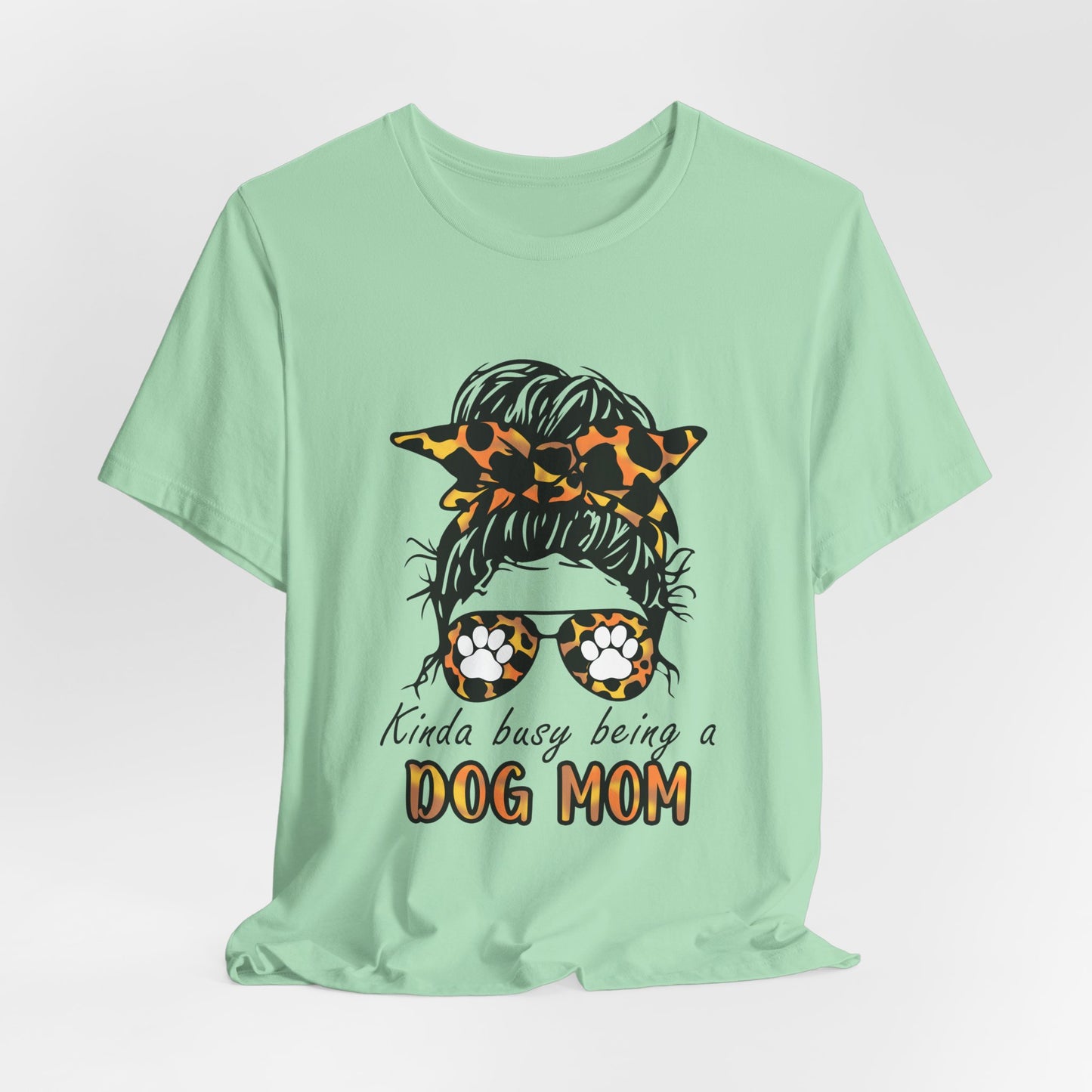Dog Mom T-Shirt – "Kinda Busy Being a Dog Mom" Leopard Print Messy Bun Tee