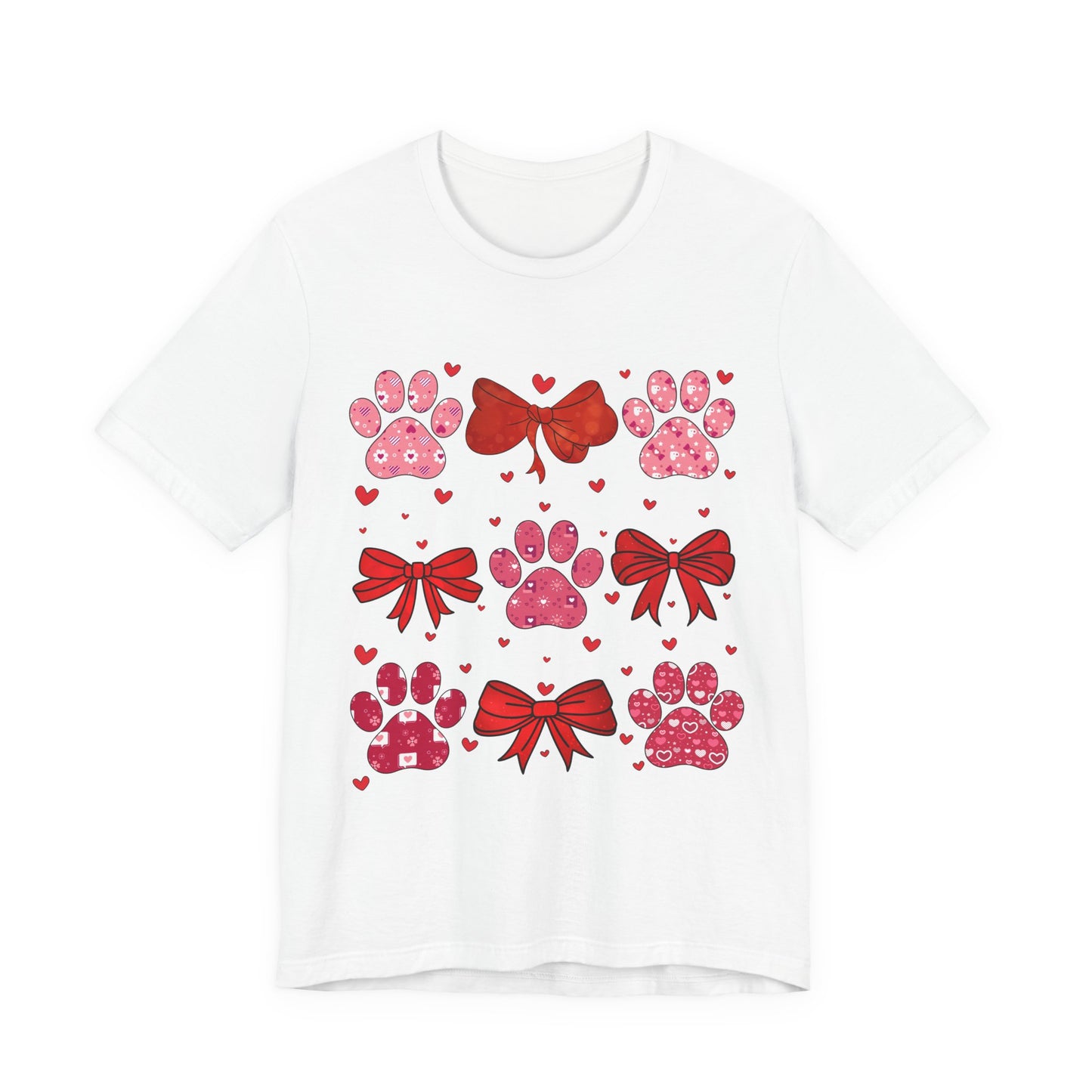 Valentine Paw Prints T‑Shirt — Cute Red Bows & Hearts Pet Lover Tee