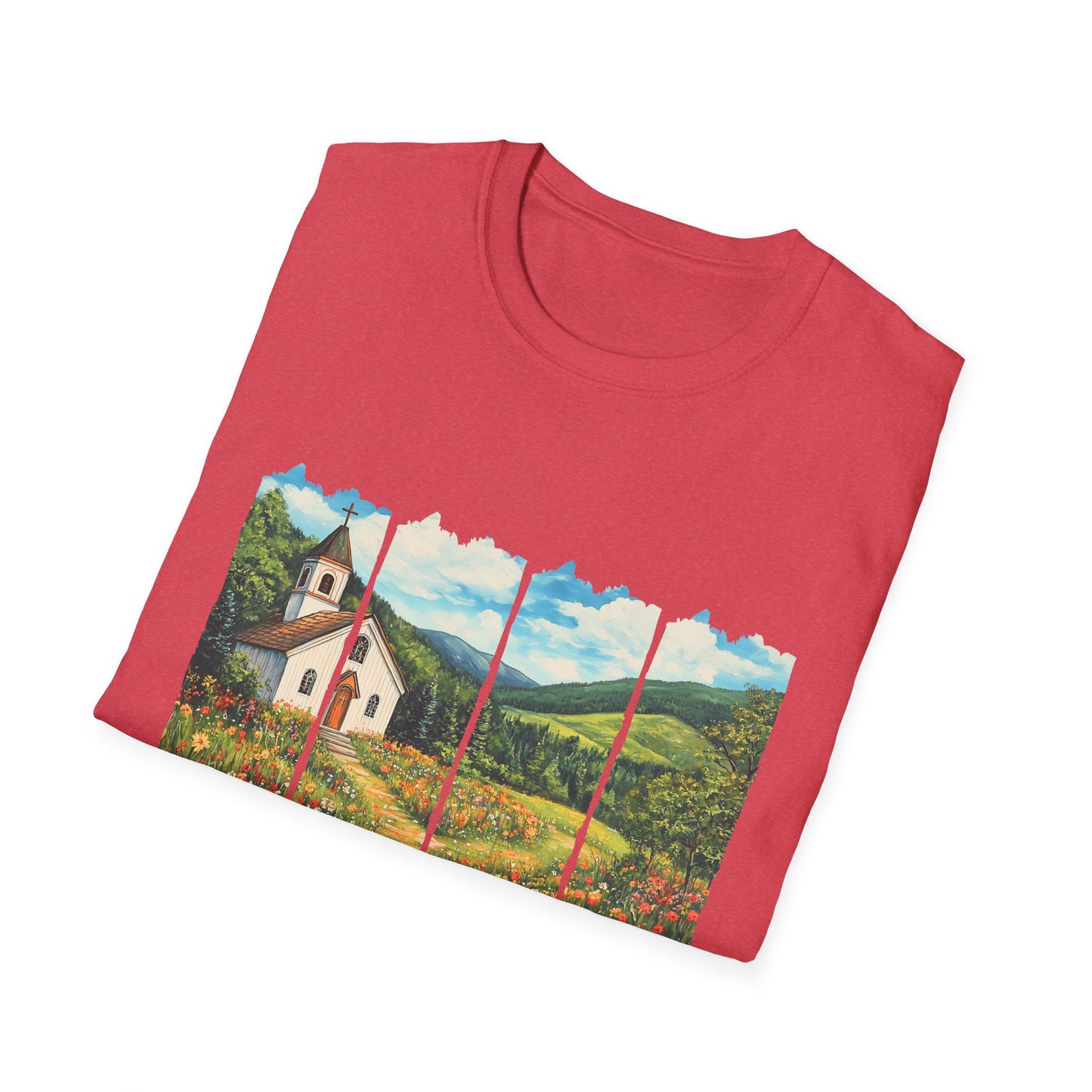 Scenic Chapel Landscape T-Shirt — Countryside Floral Mountain Art Tee
