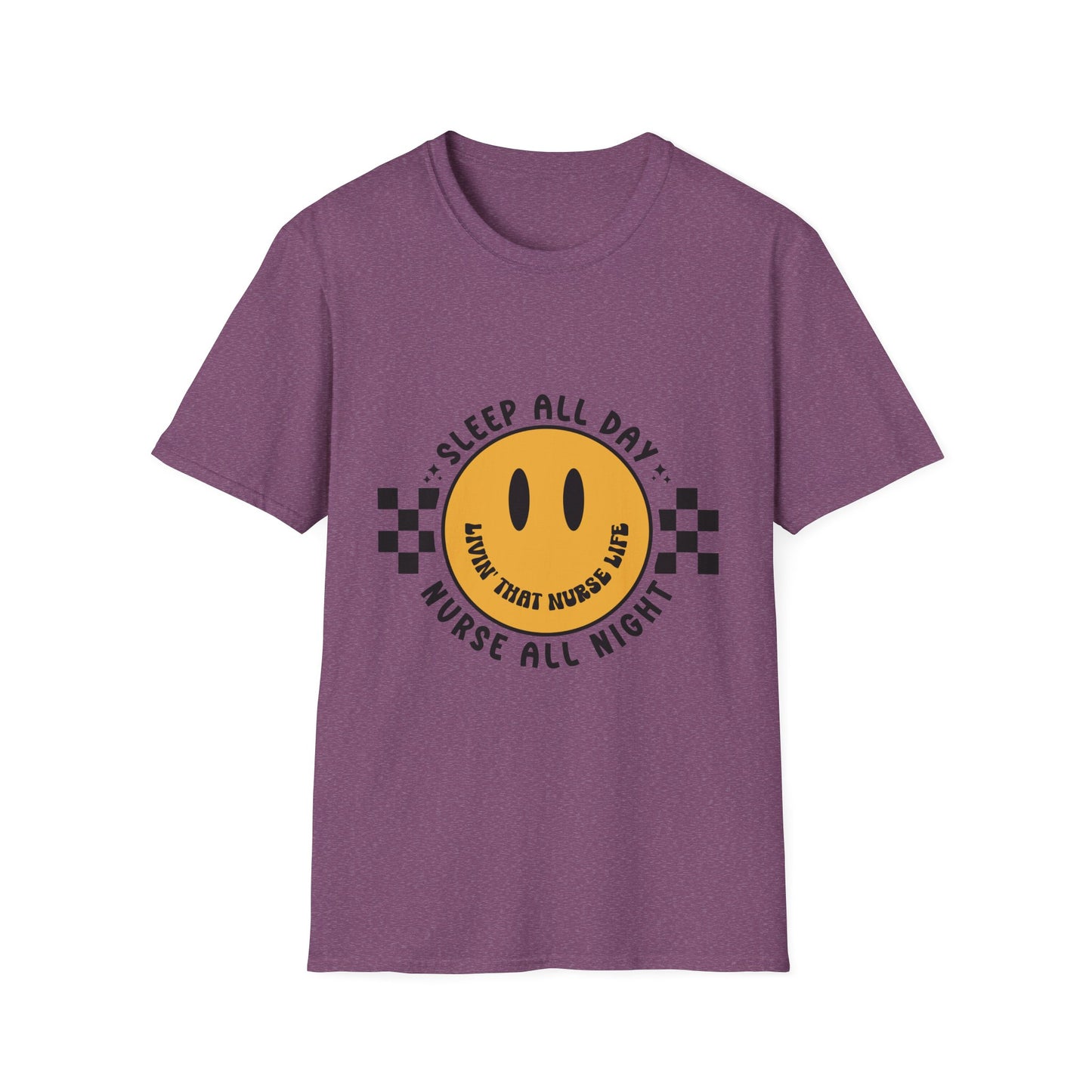 Nurse Smiley Tee — “Sleep All Day, Nurse All Night” Graphic T-Shirt