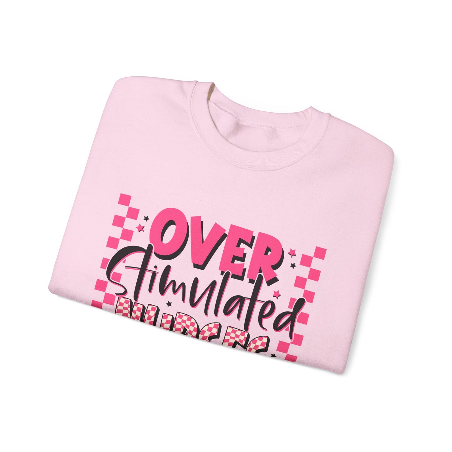 Crewneck Sweatshirt — "Overstimulated Nurses Club" Pink Checker Graphic