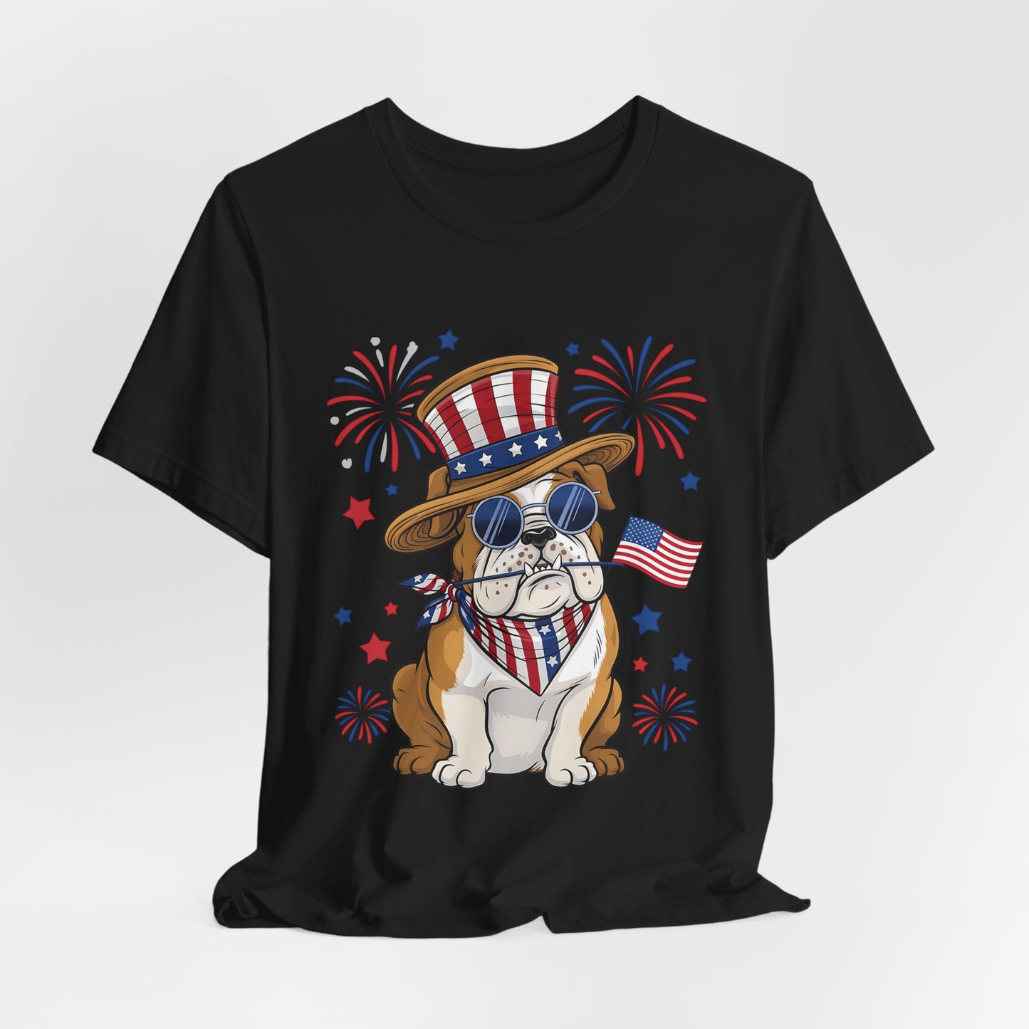 Patriotic Bulldog T-Shirt — American Flag Pup with Uncle Sam Hat & Fireworks (4th of July Tee)
