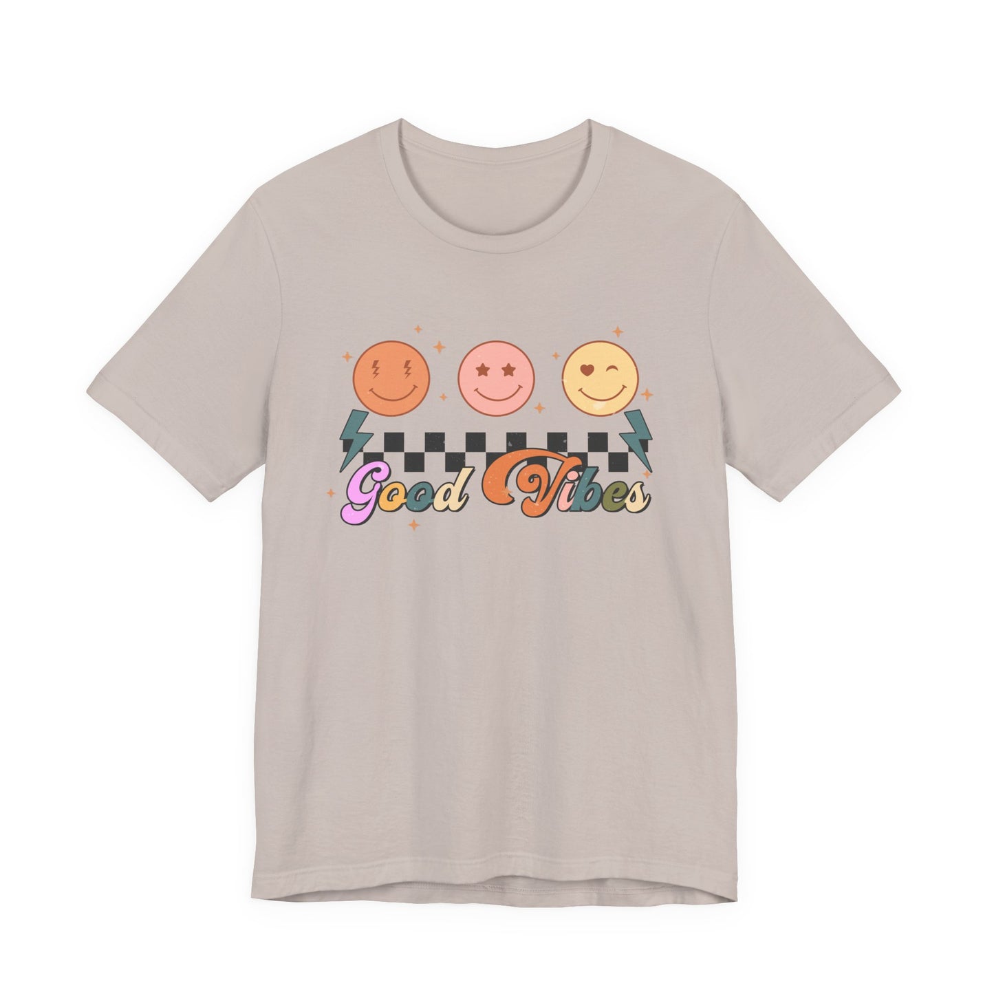 Good Vibes Smiley Tee — Retro Checkerboard Positive Graphic T-Shirt