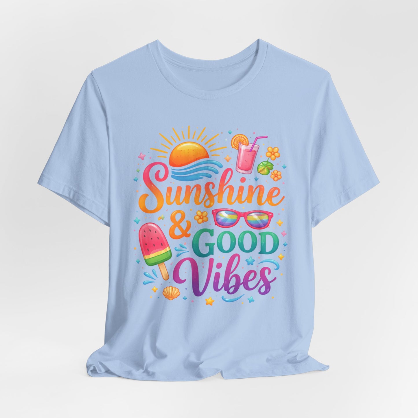 Sunshine & Good Vibes T-Shirt | Summer Beach Drink Sunglasses Popsicle Design