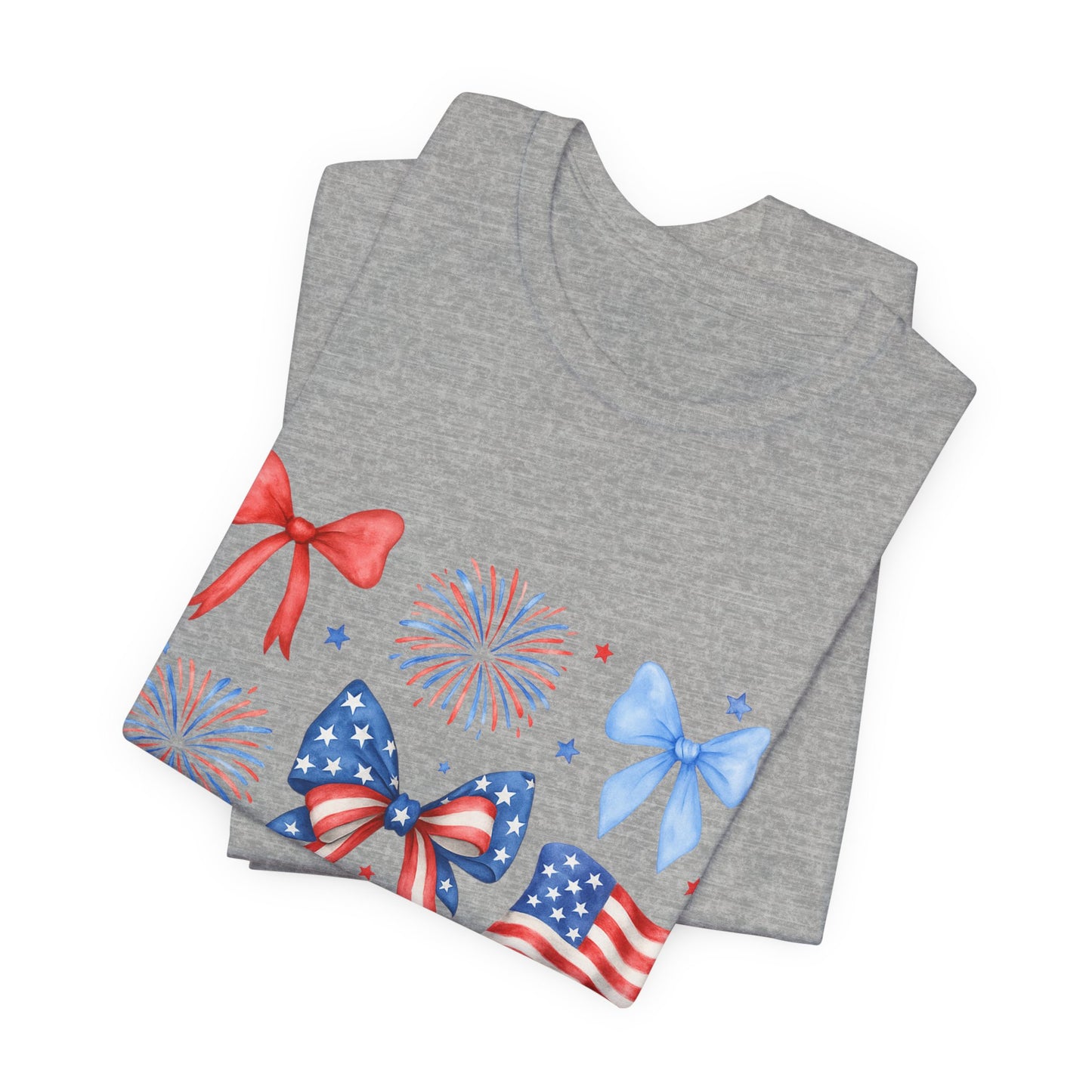 Patriotic Bows & Flags Tee — 4th of July Fireworks Graphic T-Shirt