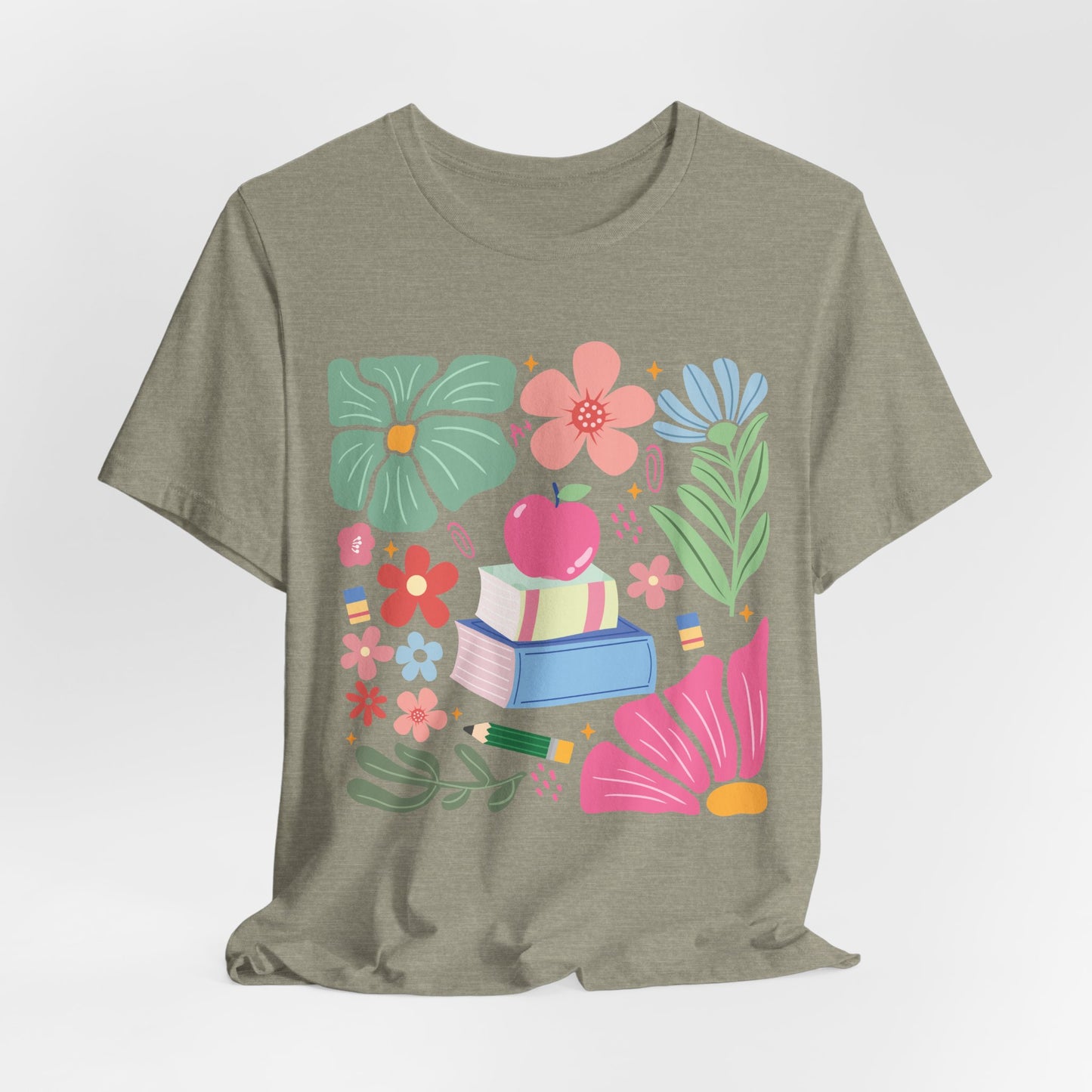 Floral Books & Apple Tee — Cute Spring Reading T-Shirt