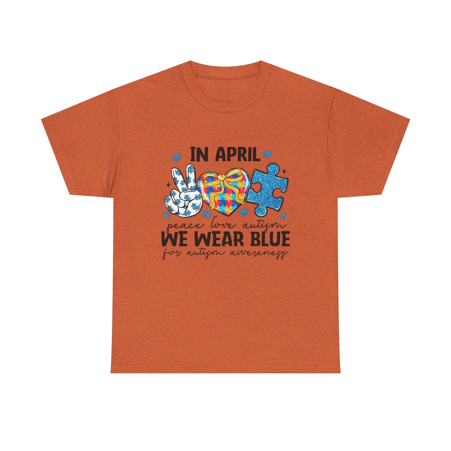 Autism Awareness Tee — "In April We Wear Blue" Puzzle Heart Peace Sign