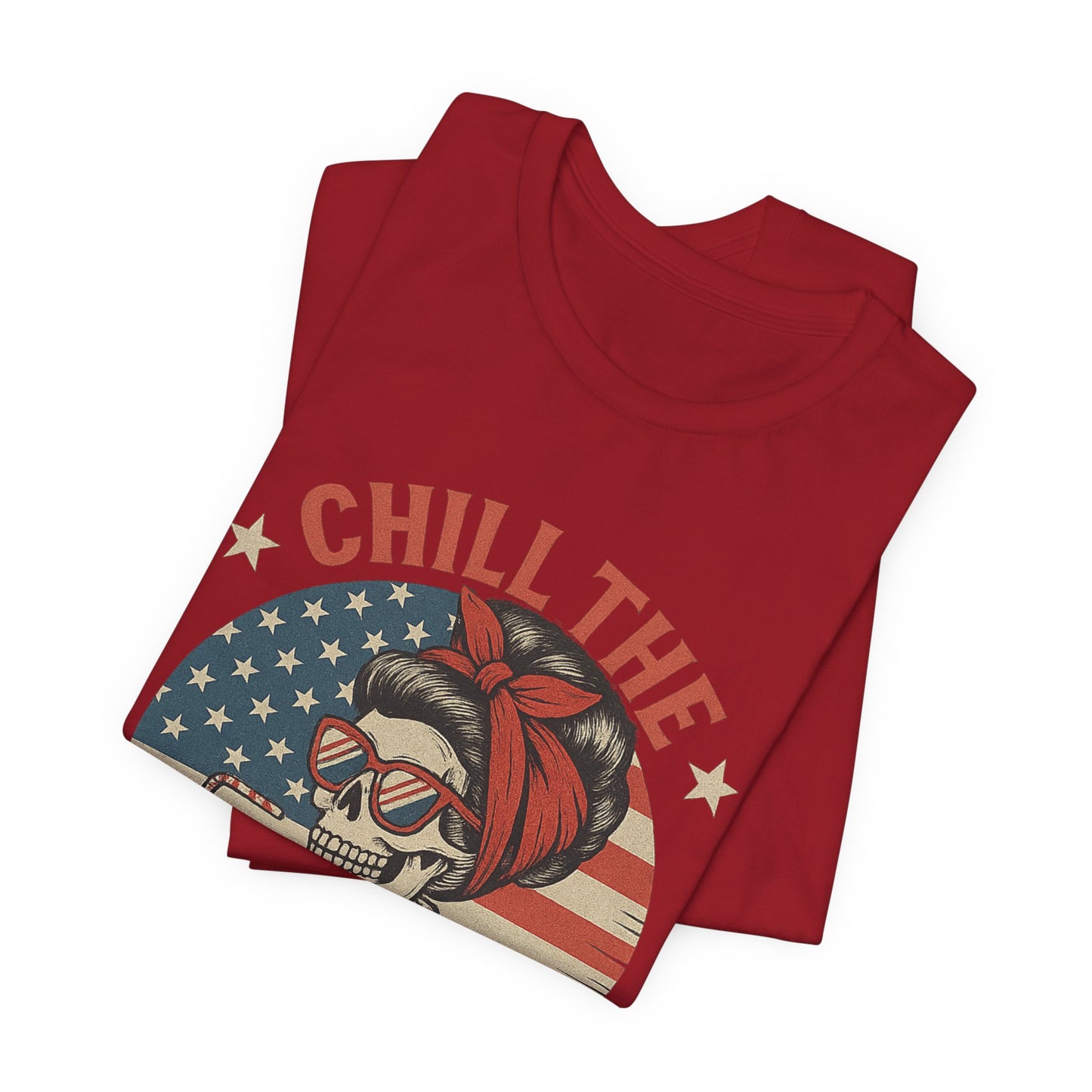 Chill the Fourth Out Tee – Retro Skull with American Flag & Drink | 4th of July Patriotic Shirt