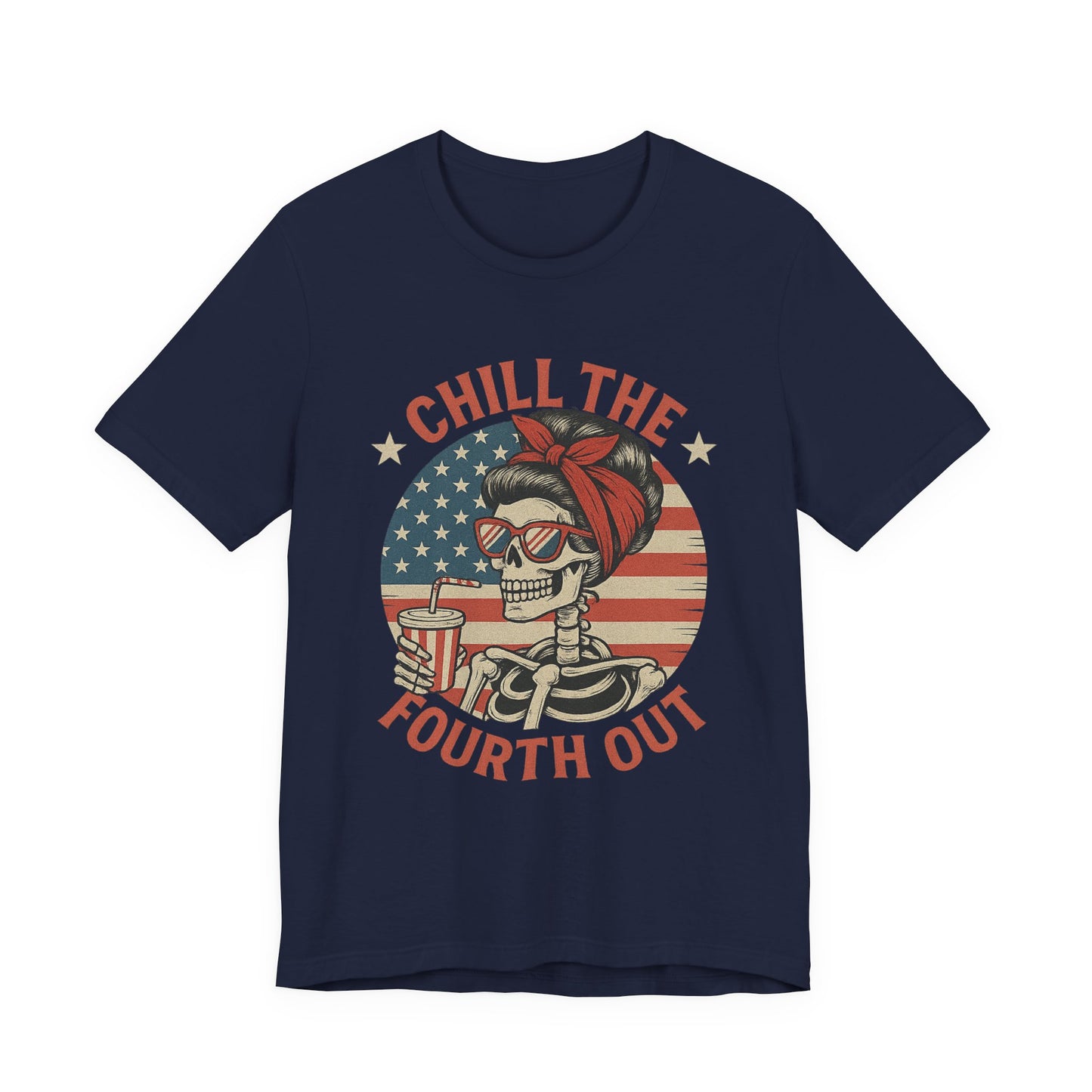 Chill the Fourth Out Tee – Retro Skull with American Flag & Drink | 4th of July Patriotic Shirt