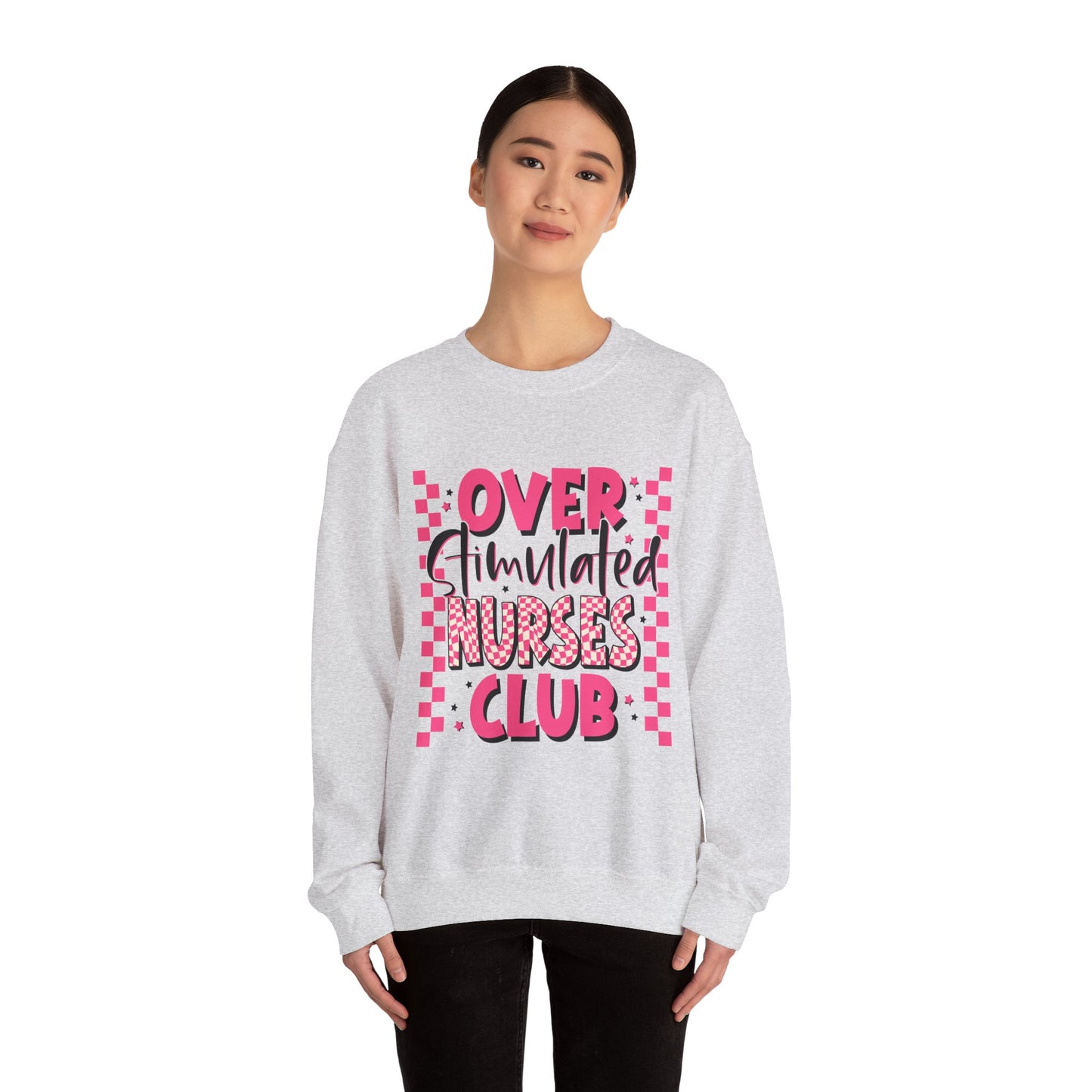 Crewneck Sweatshirt — "Overstimulated Nurses Club" Pink Checker Graphic