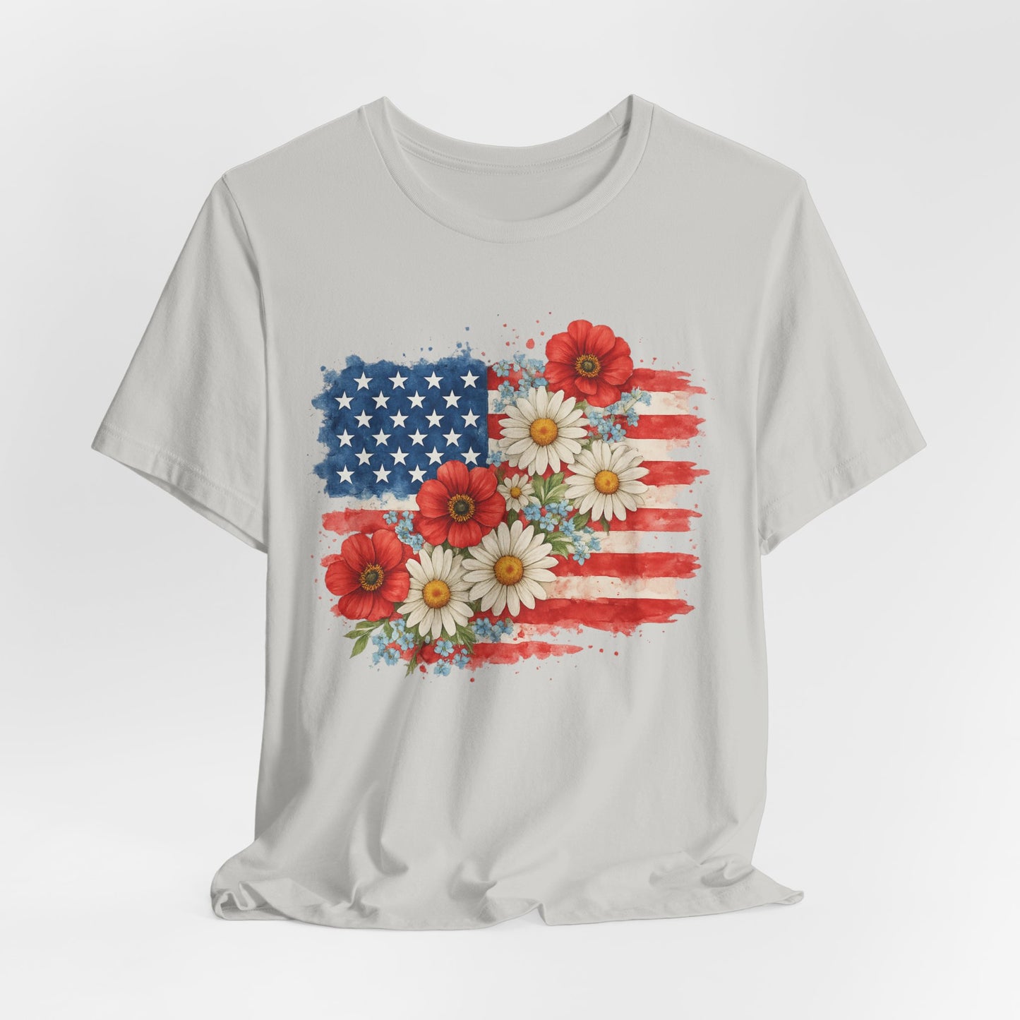 American Flag Floral T‑Shirt – Patriotic Daisy & Poppy USA Tee
