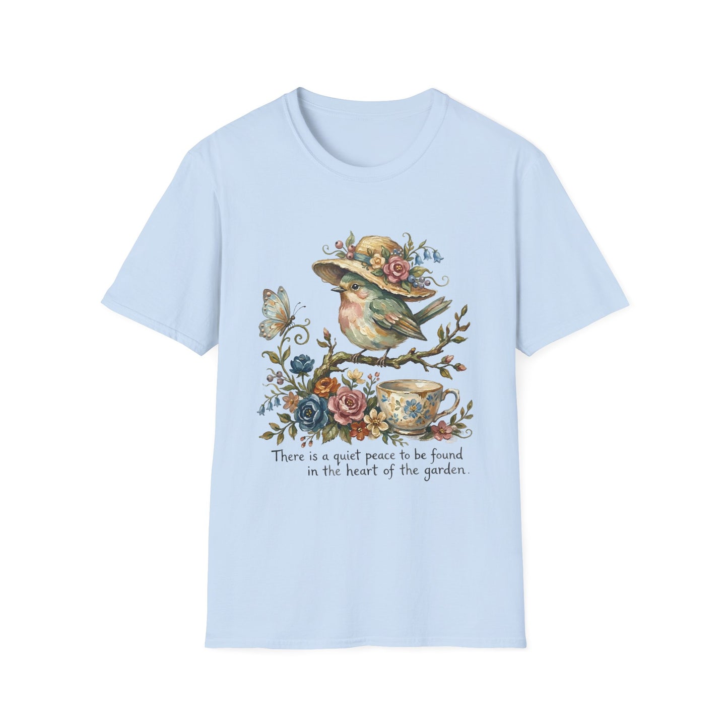 Garden Bird Tee — "There is a quiet peace to be found in the heart of the garden" Floral Bird T-Shirt