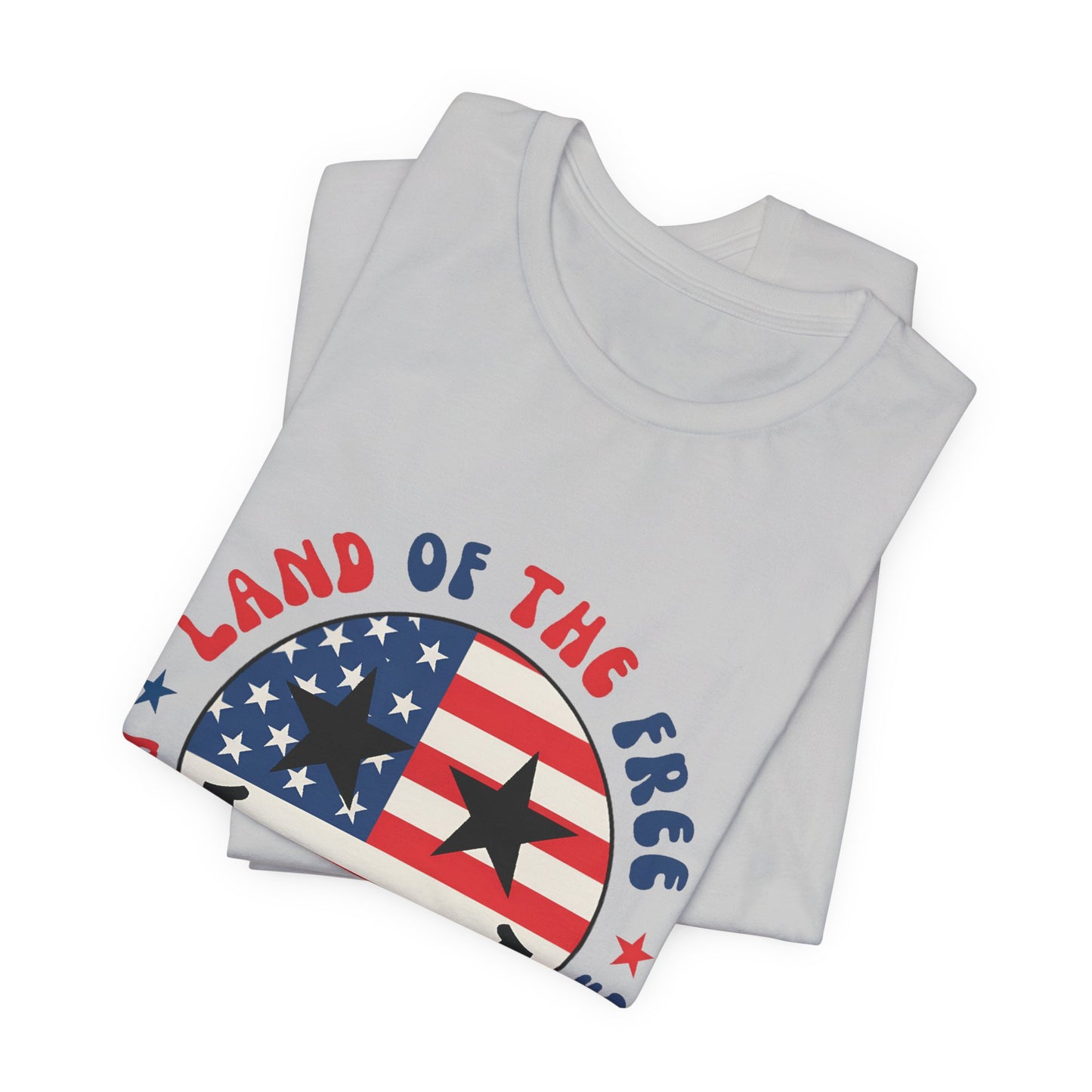 Patriotic Smiley Tee - "Land of the Free Because of the Brave" American Flag Shirt