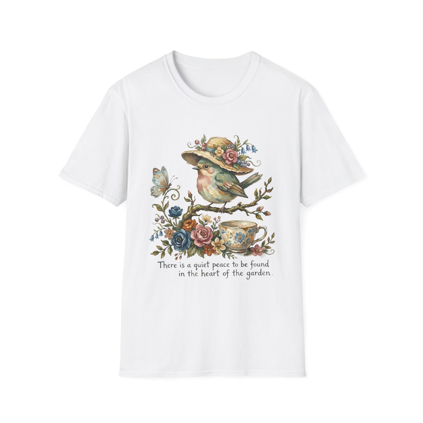 Garden Bird Tee — "There is a quiet peace to be found in the heart of the garden" Floral Bird T-Shirt
