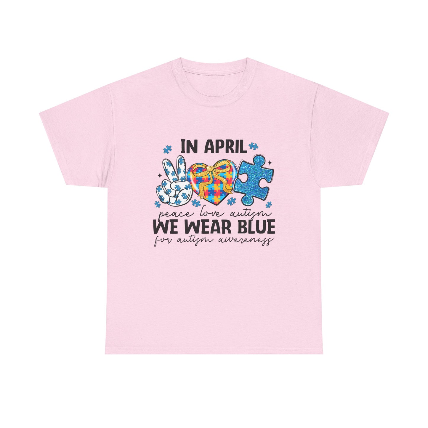 Autism Awareness Tee — "In April We Wear Blue" Puzzle Heart Peace Sign