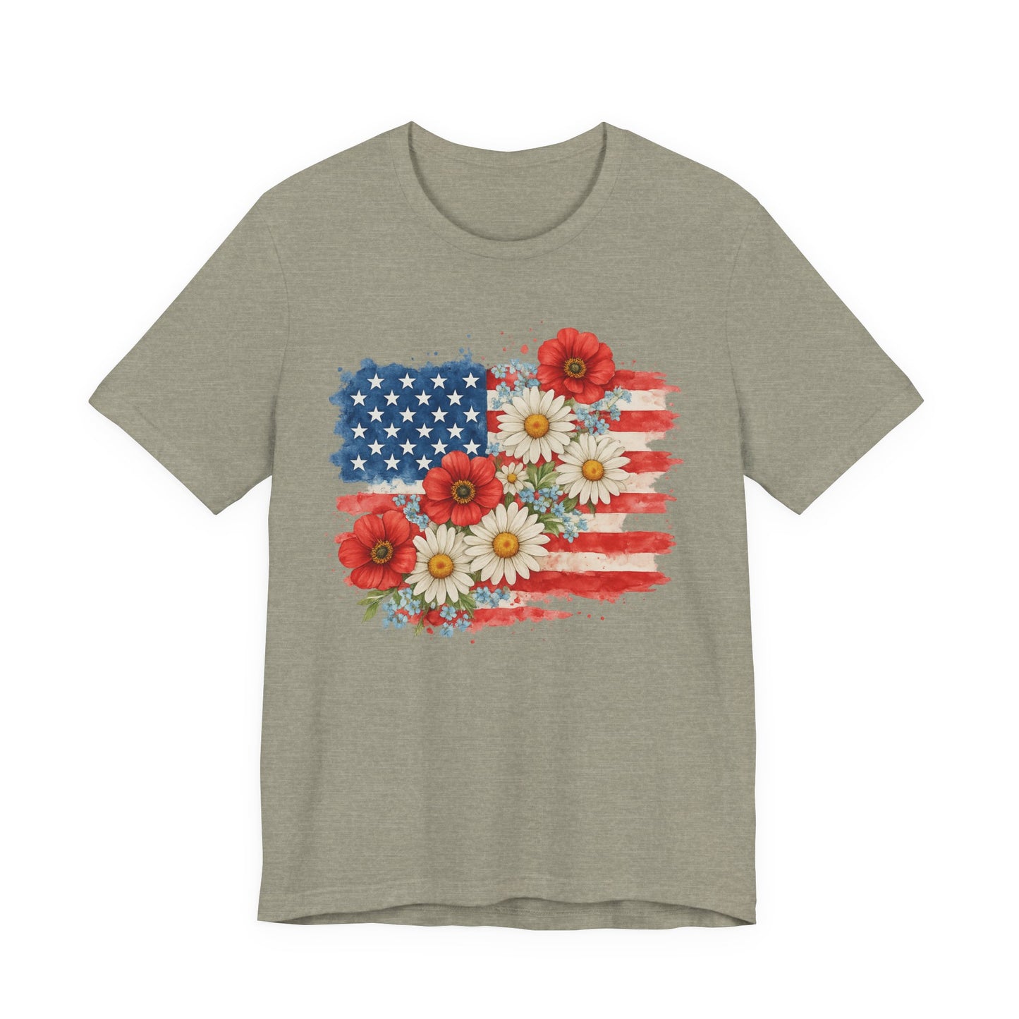 American Flag Floral T‑Shirt – Patriotic Daisy & Poppy USA Tee