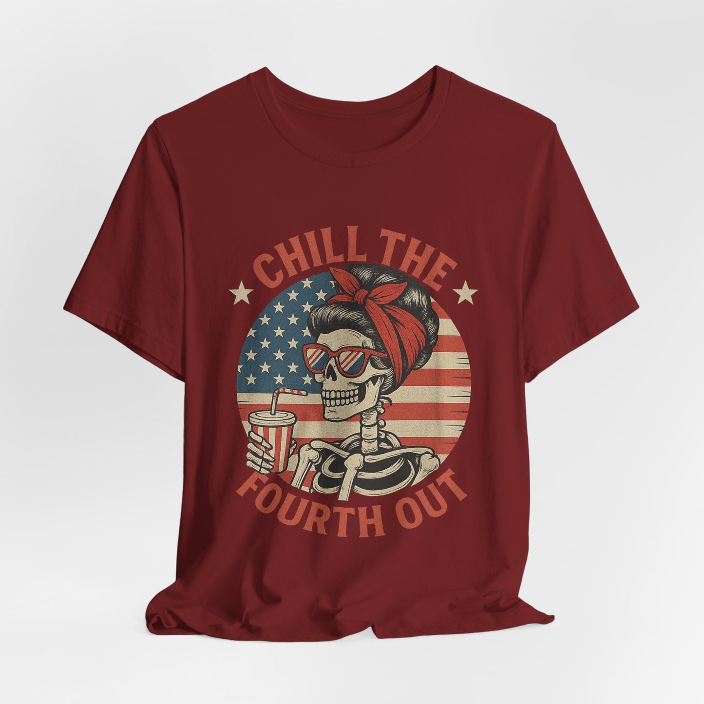 Chill the Fourth Out Tee – Retro Skull with American Flag & Drink | 4th of July Patriotic Shirt