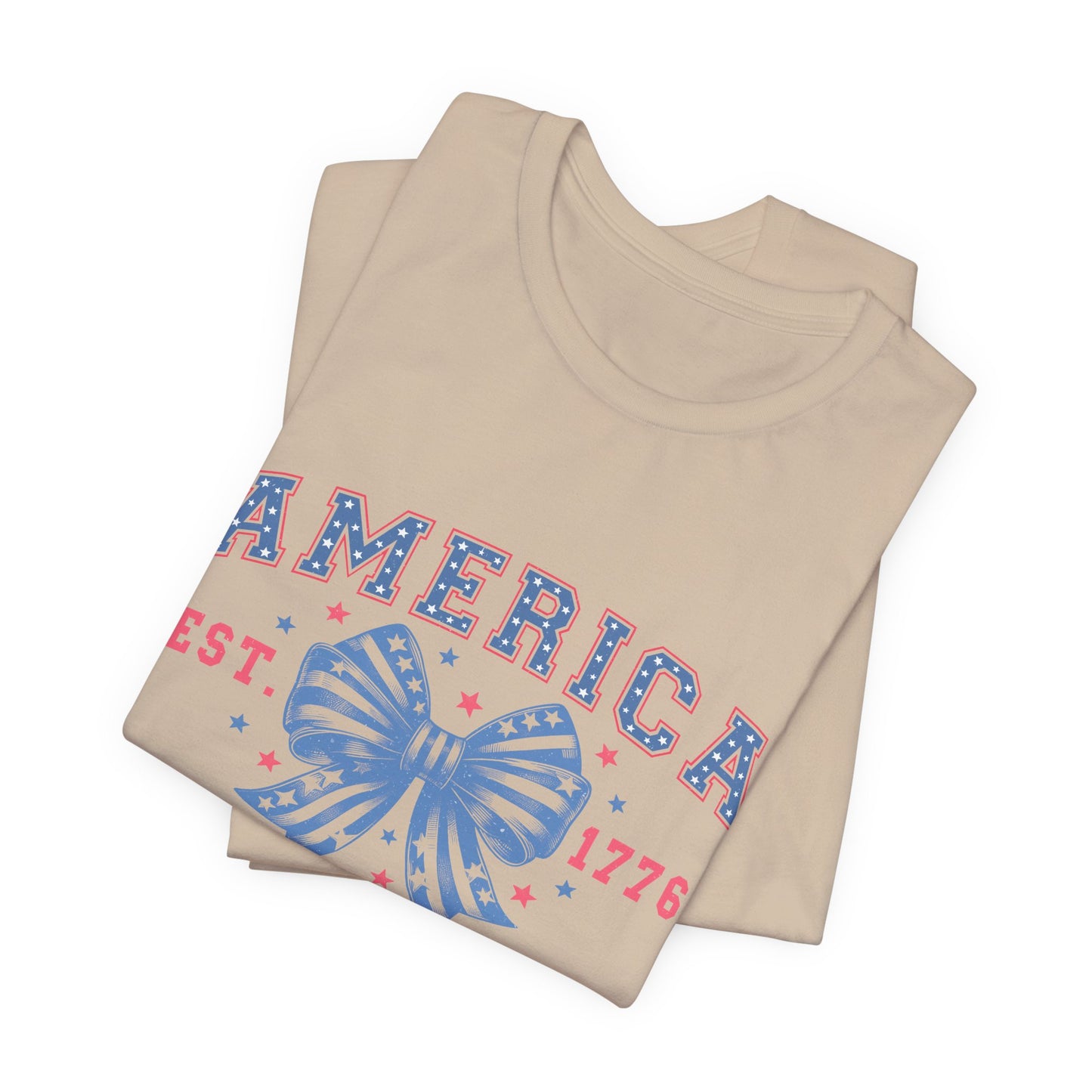 America Est. 1776 Patriotic T-Shirt – Stars & Stripes Bow Graphic