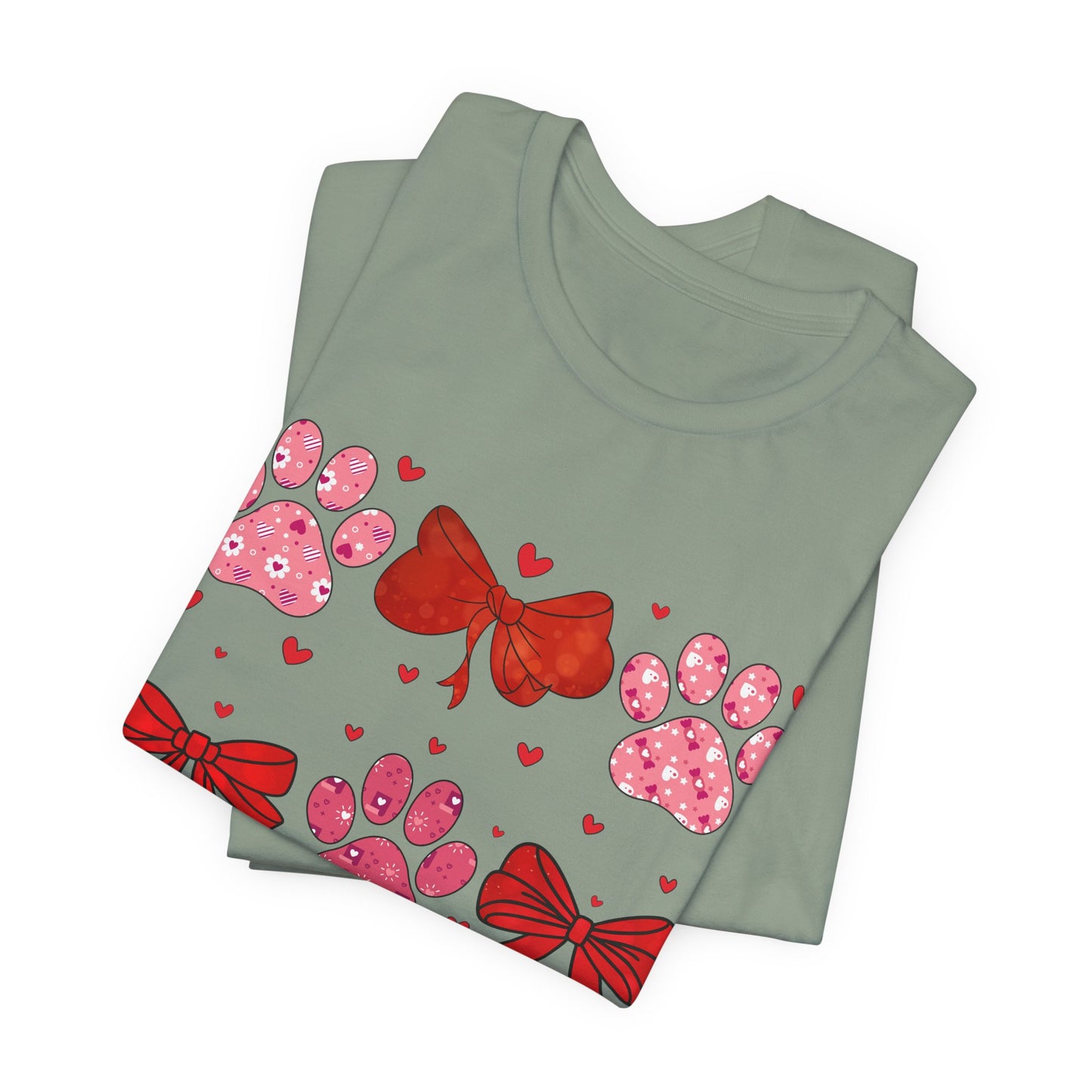 Valentine Paw Prints T‑Shirt — Cute Red Bows & Hearts Pet Lover Tee