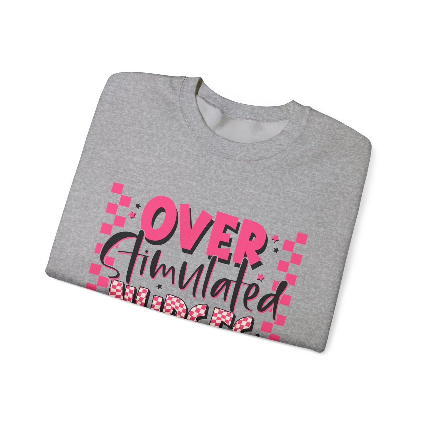 Crewneck Sweatshirt — "Overstimulated Nurses Club" Pink Checker Graphic