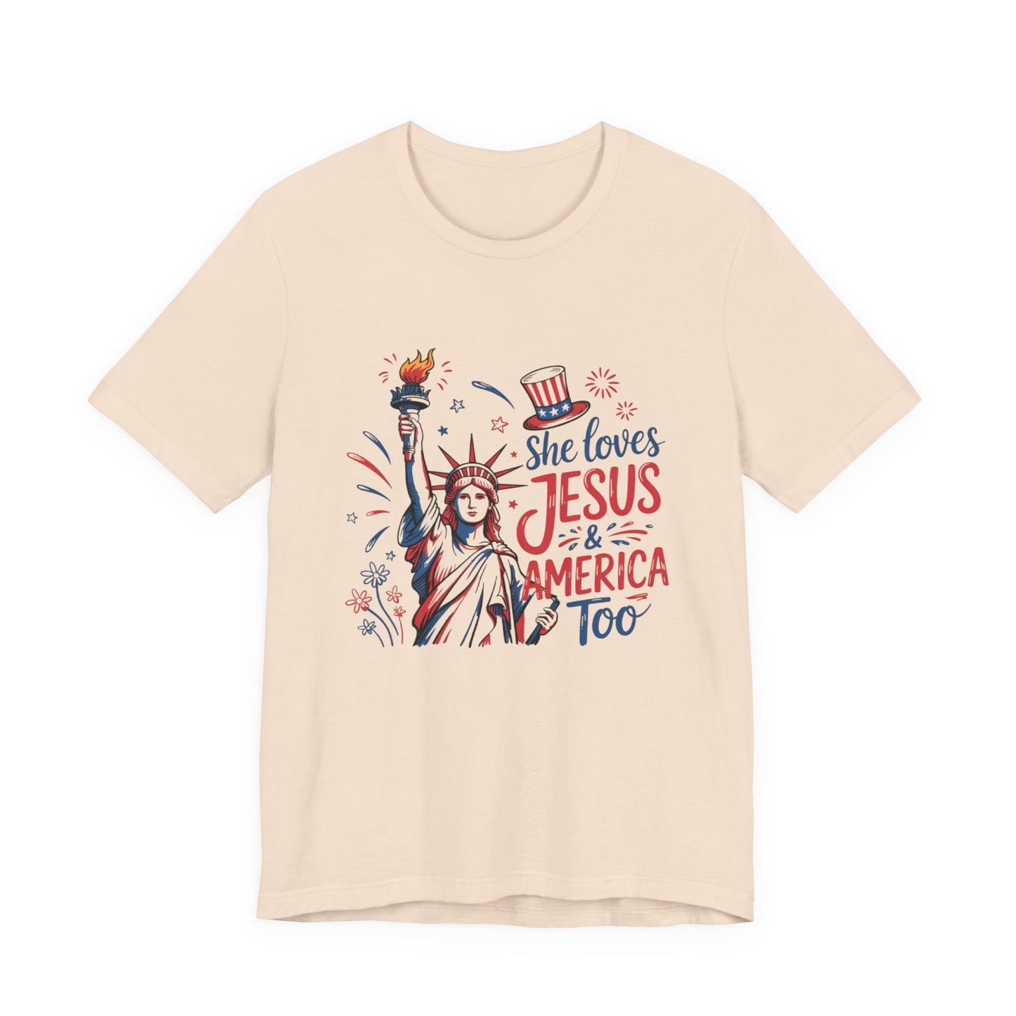 She Loves Jesus & America Too T-Shirt – Patriotic Statue of Liberty Christian Tee