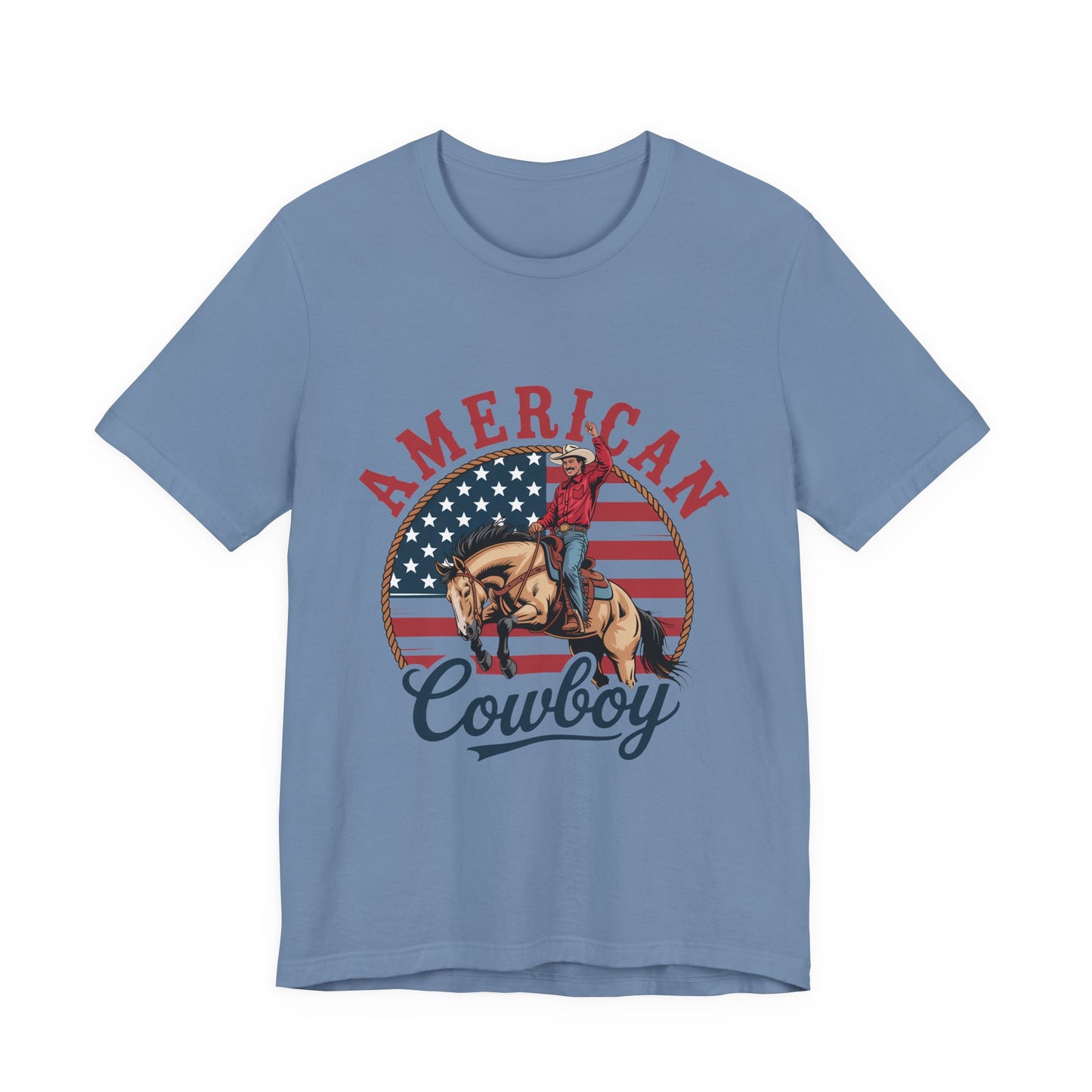 American Cowboy T-Shirt – patriotic rodeo tee with flag and rider